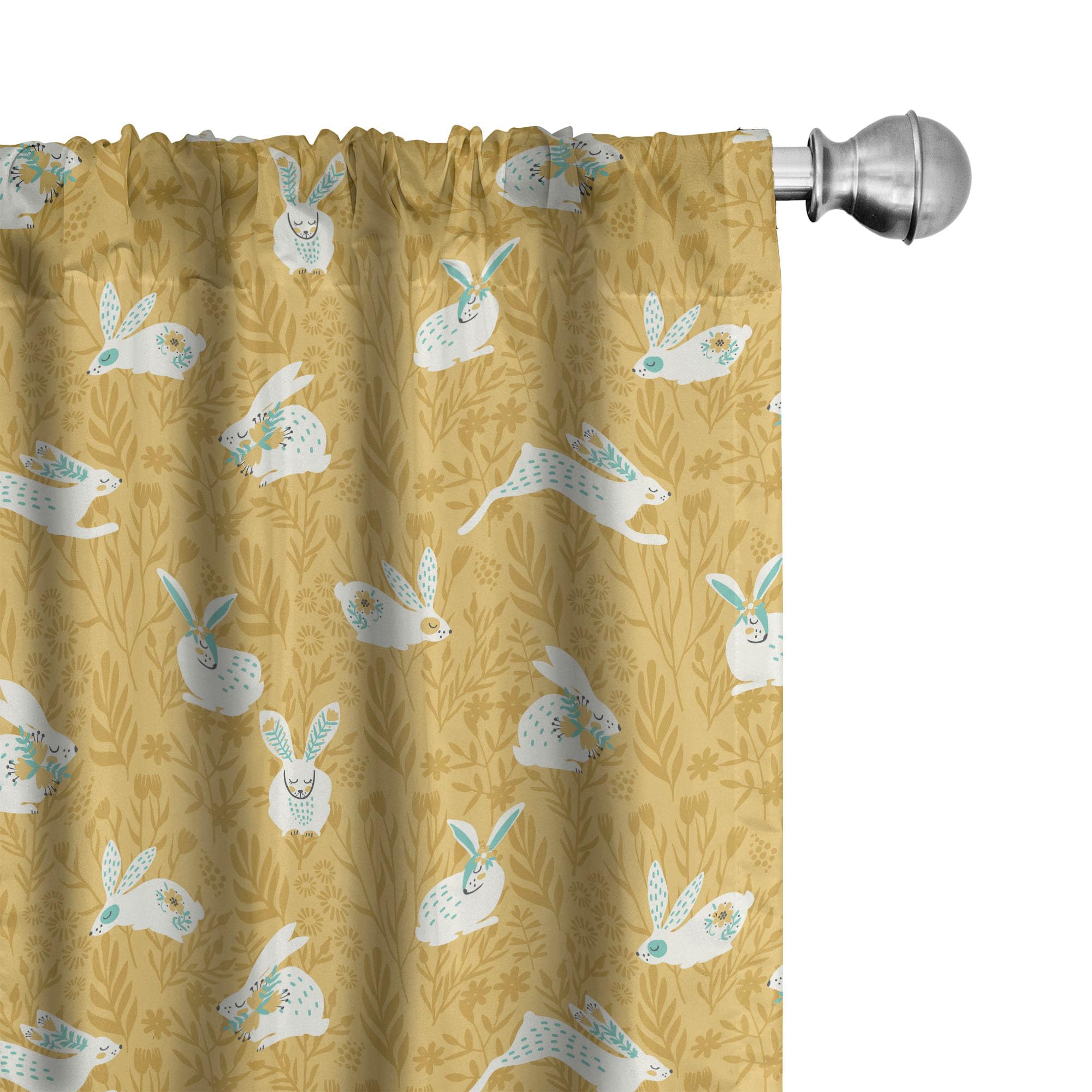 Ambesonne Bunny Curtains - Countryside Field Nature Inspired Animal & Floral Print Window Panels (Set of 2, 28x84 inches) in Mustard Seafoam White for Living Room & Bedroom Decor | Perfect for Farmhouse, Nursery & Boho Style Homes