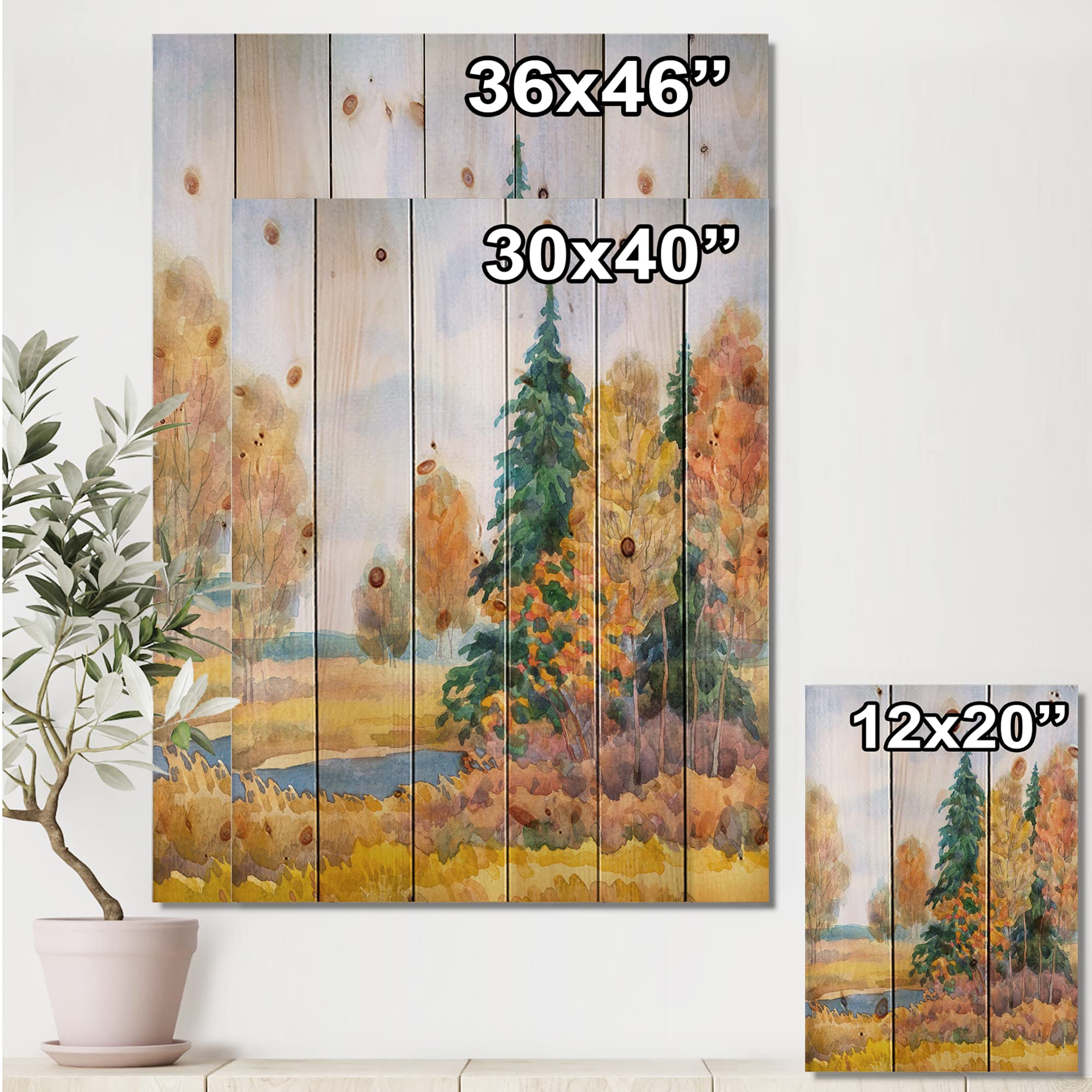 DesignQ Autumn Forest Lakeside Wood Wall Art - Large Landscape Pine Wood Panel Decor for Living Room, Bedroom & Office - Orange Wood Wall Art for Rustic Home Decor