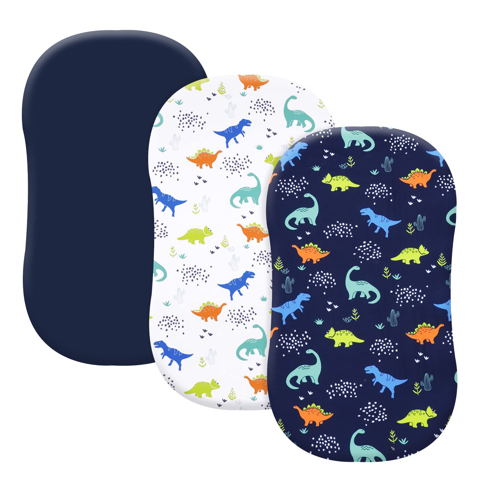 3 Pack Soft Bassinet Sheets for Baby Boys - Dinosaur Print Breathable Crib Sheets, No Slip Universal Fit for Most Cradles & Bassinets, Navy Blue - Perfect for Nursery, Daycare & Travel