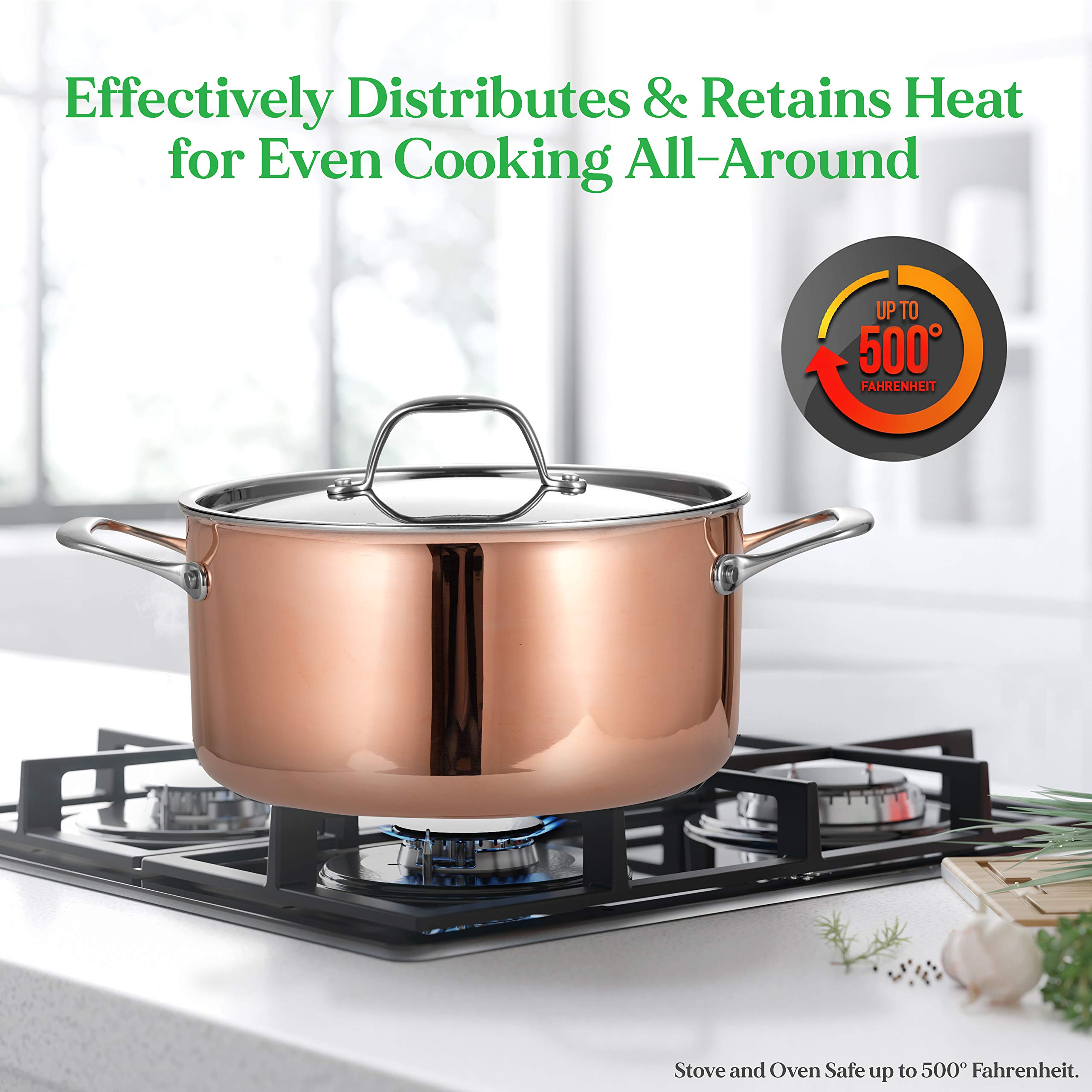 NutriChef 8-Piece Stainless Steel Cookware Set with Cast Iron Handles - Tri-Ply Copper Core for Even Heating - Includes Saucepan, Casserole, Frying Pan & Lids (NCCW8SS, White Silver) - Perfect for Home Cooking, Professional Kitchens & Gourmet Meal Preparation