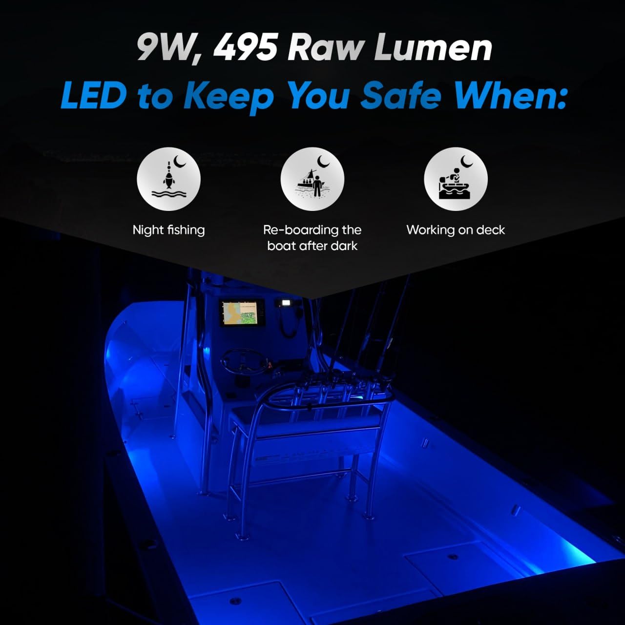 Black Oak LED Marine Boat Lights - Dimmable White LED Deck & Courtesy Lights for Fishing, Pontoon, Kayak, Yacht, Sailboat | Perfect for Night Fishing, Dock Lighting & Watercraft Safety