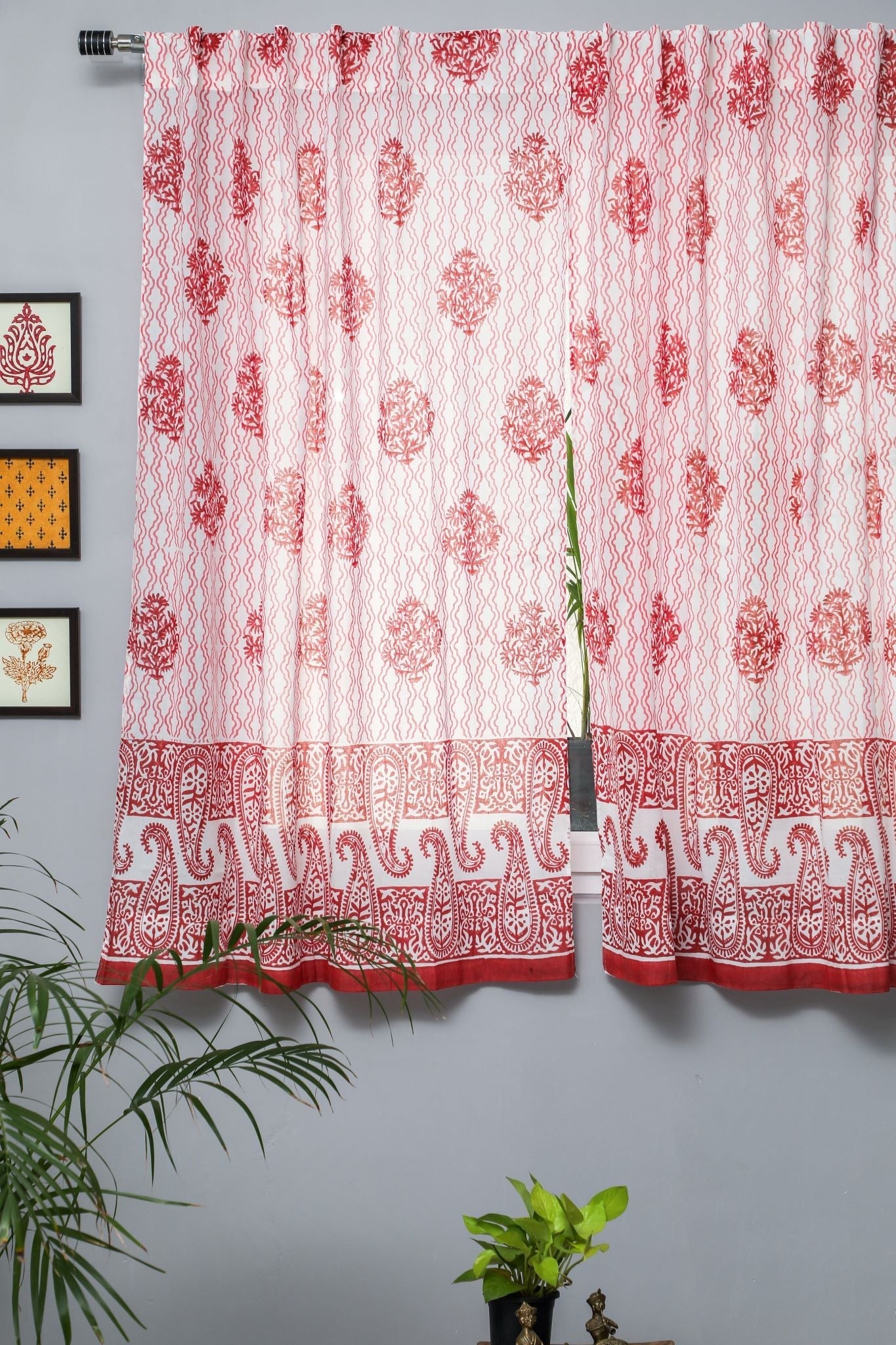 Handblock Printed Cotton Window Curtains - 'Dazzling Rose' Floral Design | Light Filtering & Privacy Sheer Drapes for Living Room, Bedroom & Nursery