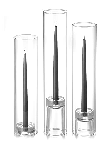 Yummi Set of 12 Gray Taper Candles with Chimney & Taper Holders - Elegant Dinner Party & Holiday Decor for Table Centerpieces, Weddings & Home Ambiance