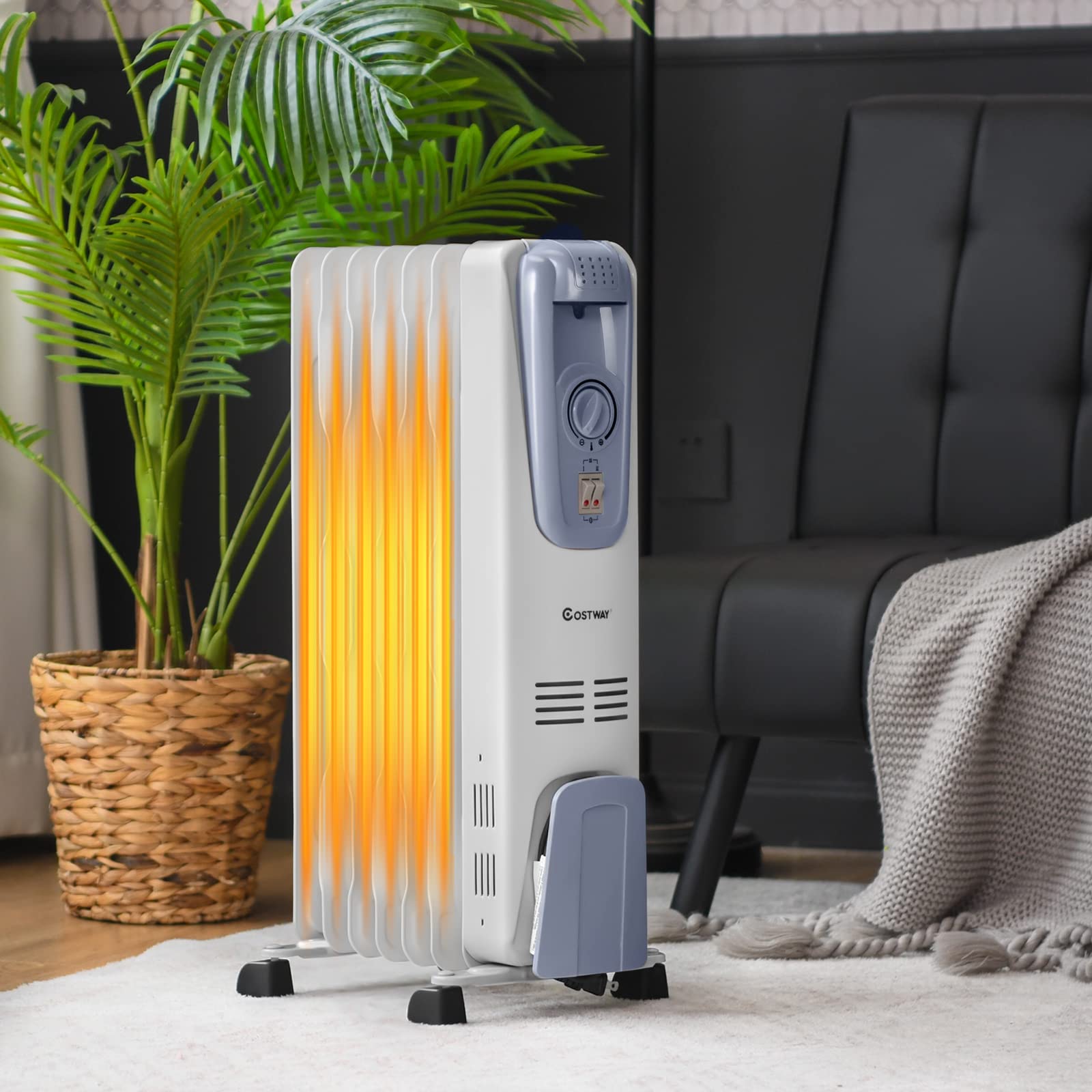 COSTWAY 1500W Oil Filled Radiator Heater - Portable Electric Space Heater with Adjustable Thermostat, 3 Heat Settings, Overheat & Tip-Over Protection - Perfect for Bedroom, Office & Indoor Use (25