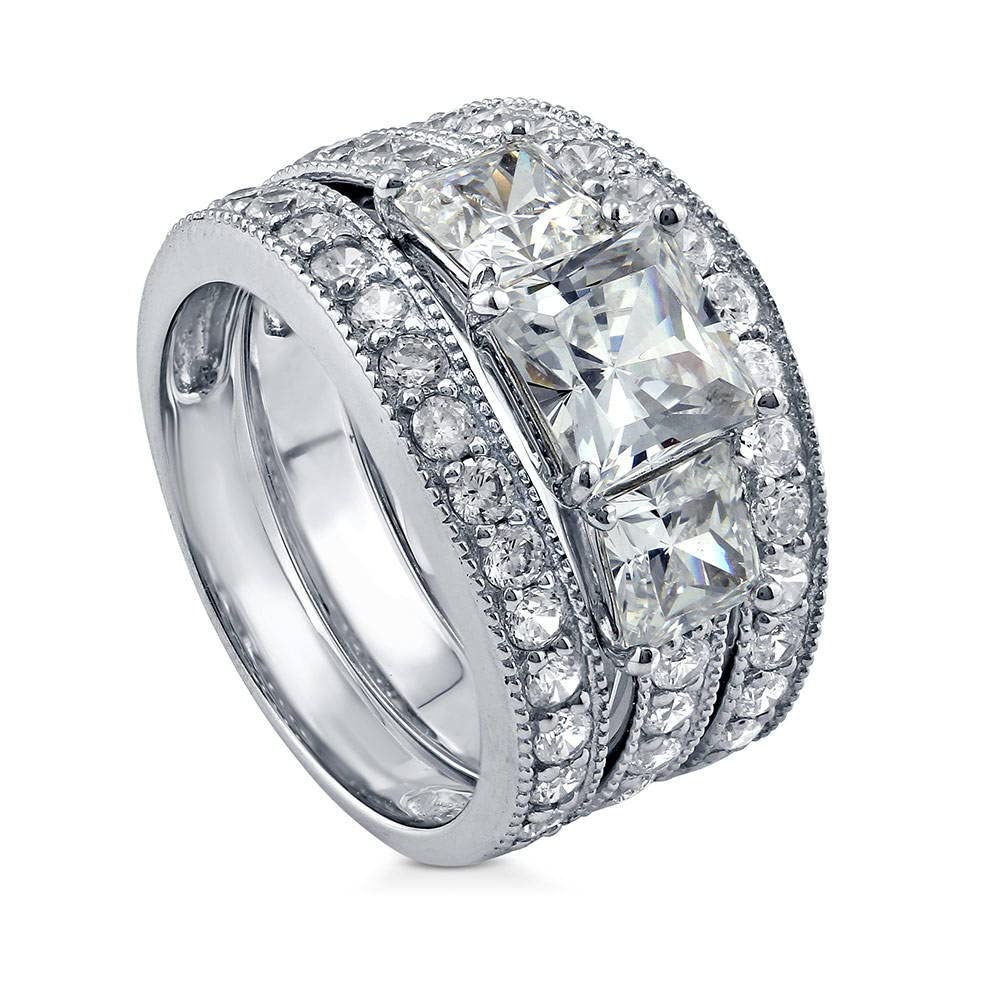 BERRICLE Sterling Silver 3-Stone Princess Cut Cubic Zirconia Wedding Engagement Ring Set for Women (1.6 Carat CZ, Rhodium Plated, Size 4-10) - Perfect for Proposals, Anniversaries & Special Occasions