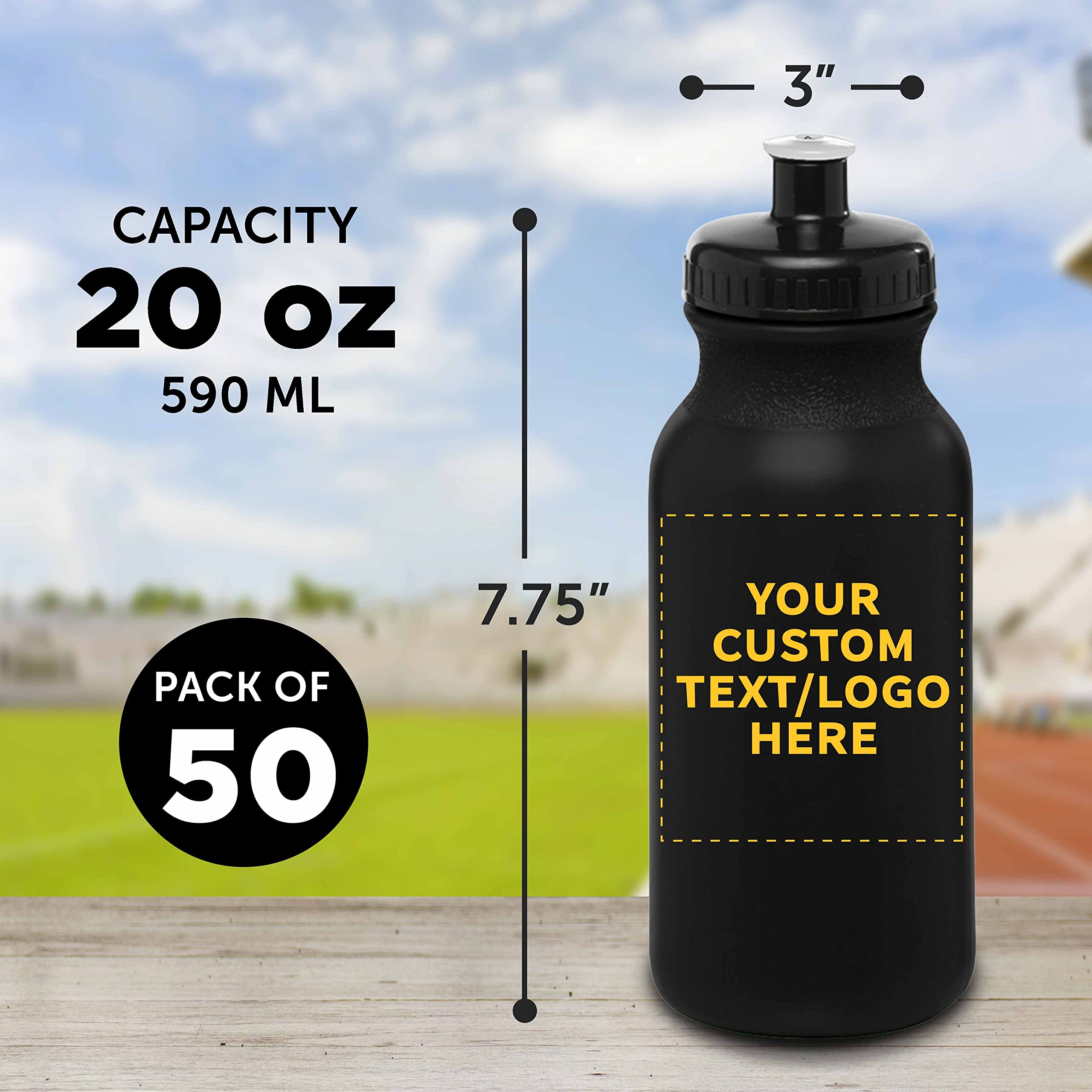 Custom 20 oz. Water Bottles with Push Cap - Bulk Pack of 50 Personalized Sports Bottles - Ideal for Gym, Hiking, Camping & Outdoor Activities - Black - Great for Team Events, Corporate Gifts & Promotional Giveaways