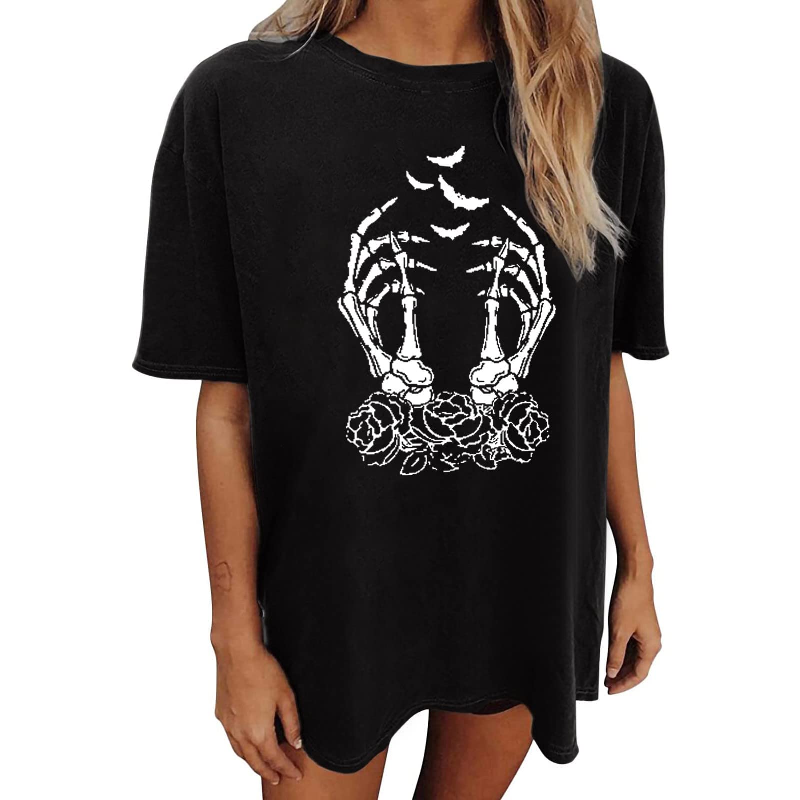 Women's Oversized Short Sleeve Crew Neck Skeleton Print T-Shirt - Funny Casual Loose Fit Summer Top - Black XXL - Perfect for Halloween, Gothic Fashion & Everyday Wear