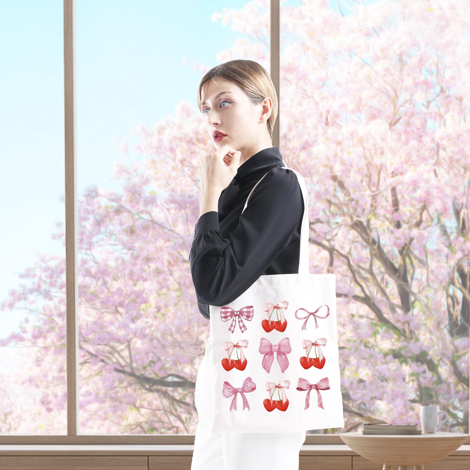 GJTIM Pink Cherry Bow Tote Bag - Coquette Aesthetic Gift for Fruit Lovers, Cute Cherries Pattern Fruit-Themed Shoulder Bag | Perfect for Picnics, Beach Outings & Summer Fashion Accessories