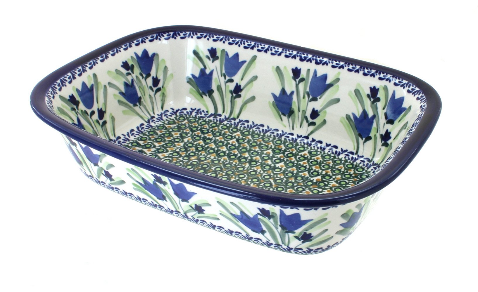 Handmade Blue Rose Polish Pottery Loaf Baker with Blue Tulip Design - Perfect for Baking Artisan Bread, Serving Dishes & Rustic Kitchen Decor