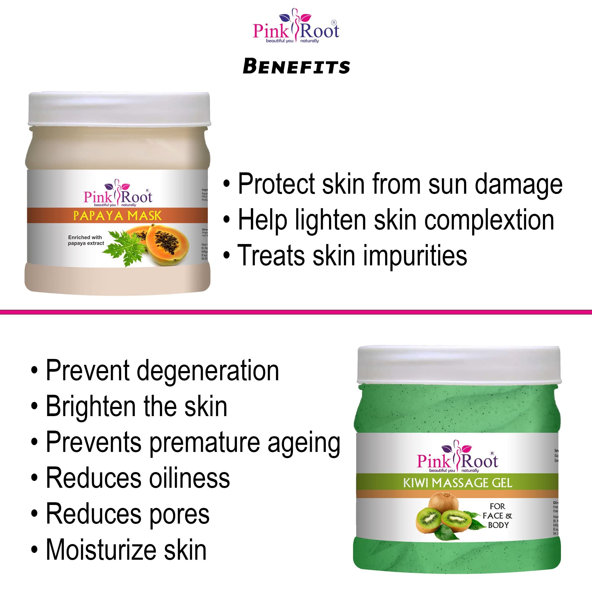 Pink Root Kiwi Massage Gel & Papaya Mask Set - 500ml Each for Skin Hydration & Relaxation - Perfect for Spa Days & At-Home Self Care