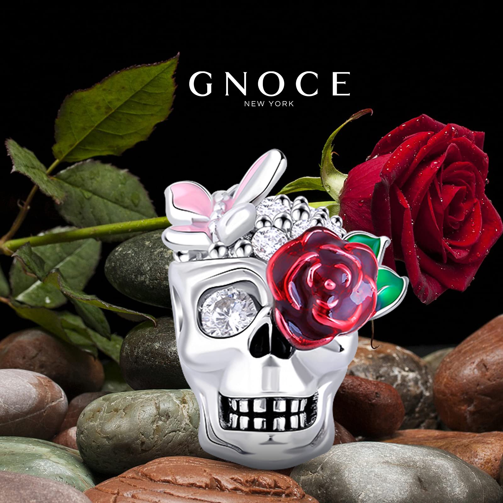 GNOCE S925 Sterling Silver Sugar Skull Charm for Women - Rose Skull Pendant for Bracelets & Necklaces - Perfect for Day of the Dead Jewelry, Boho Fashion & Gift Giving