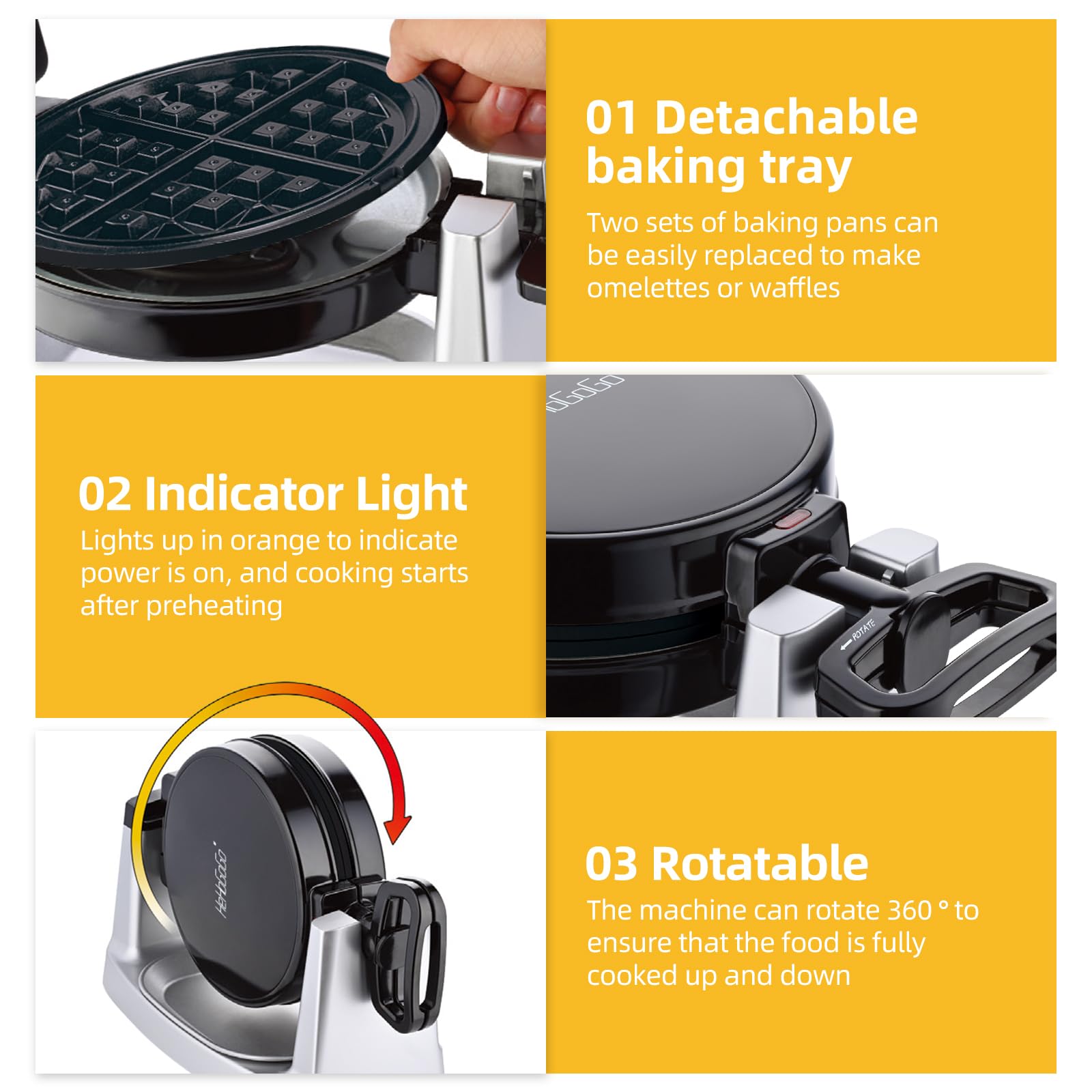 2-in-1 Rotating Waffle Maker & Omelet Maker with Removable Non-Stick Plates - 180° Belgian Waffle Iron for Perfect Breakfast & Brunch - Ideal for Home, Kitchen, Parties & Gifts