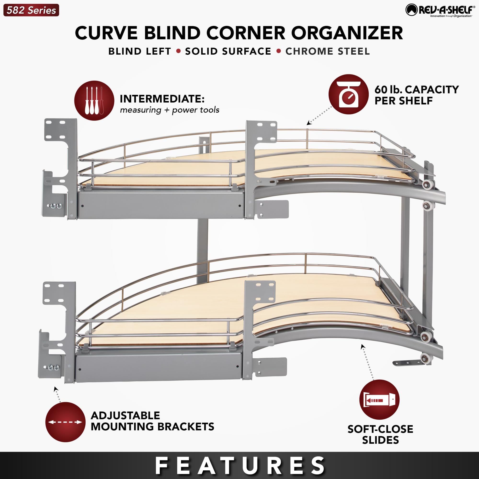 Rev-A-Shelf Contemporary Curve Pullout Organizer - Left Opening/Blind Right Corner Cabinet Organizer | Space-Saving Kitchen Storage Solution for Corner Cabinets | Perfect for Small Kitchens & Pantry Organization