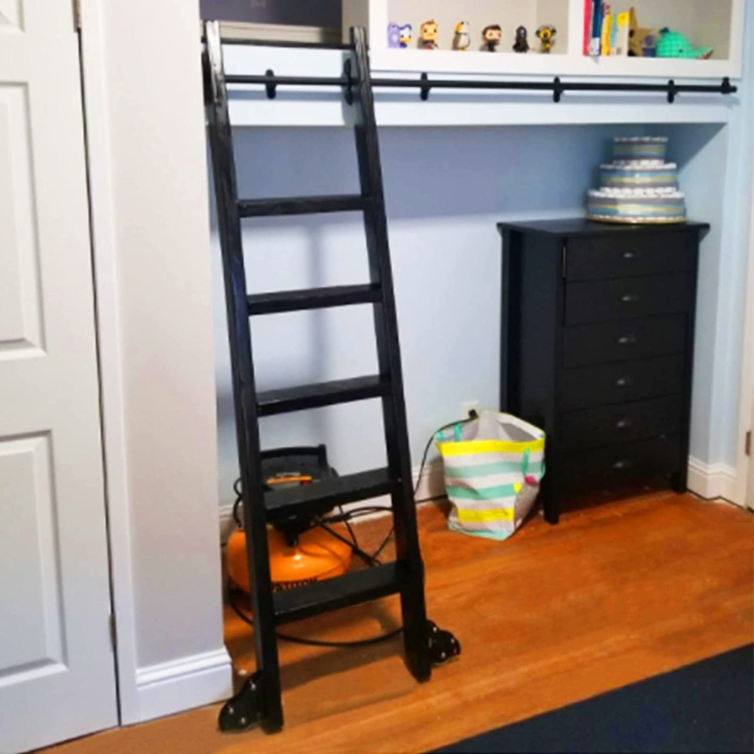 Sliding Barn Door Hardware Kit with Rolling Library Ladder - Heavy Duty Forged Iron Floor Rollers & Extension Rail for Home Office, Living Room, or Loft Spaces