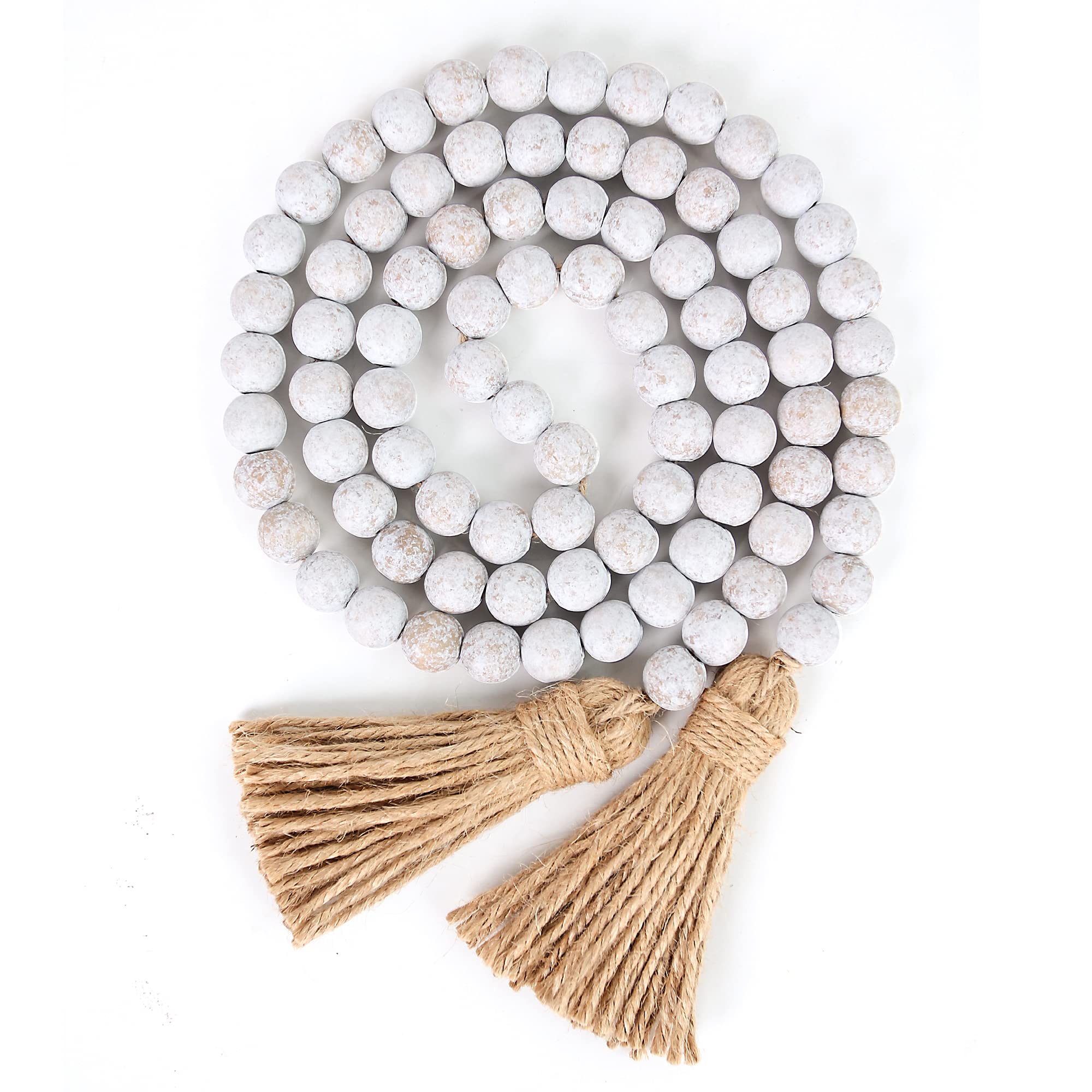58in Whitewashed Wood Bead Garland with Tassels - Farmhouse Rustic Boho Wall Hanging Decor for Prayer Room, Bedroom, Wedding & Nursery Decoration