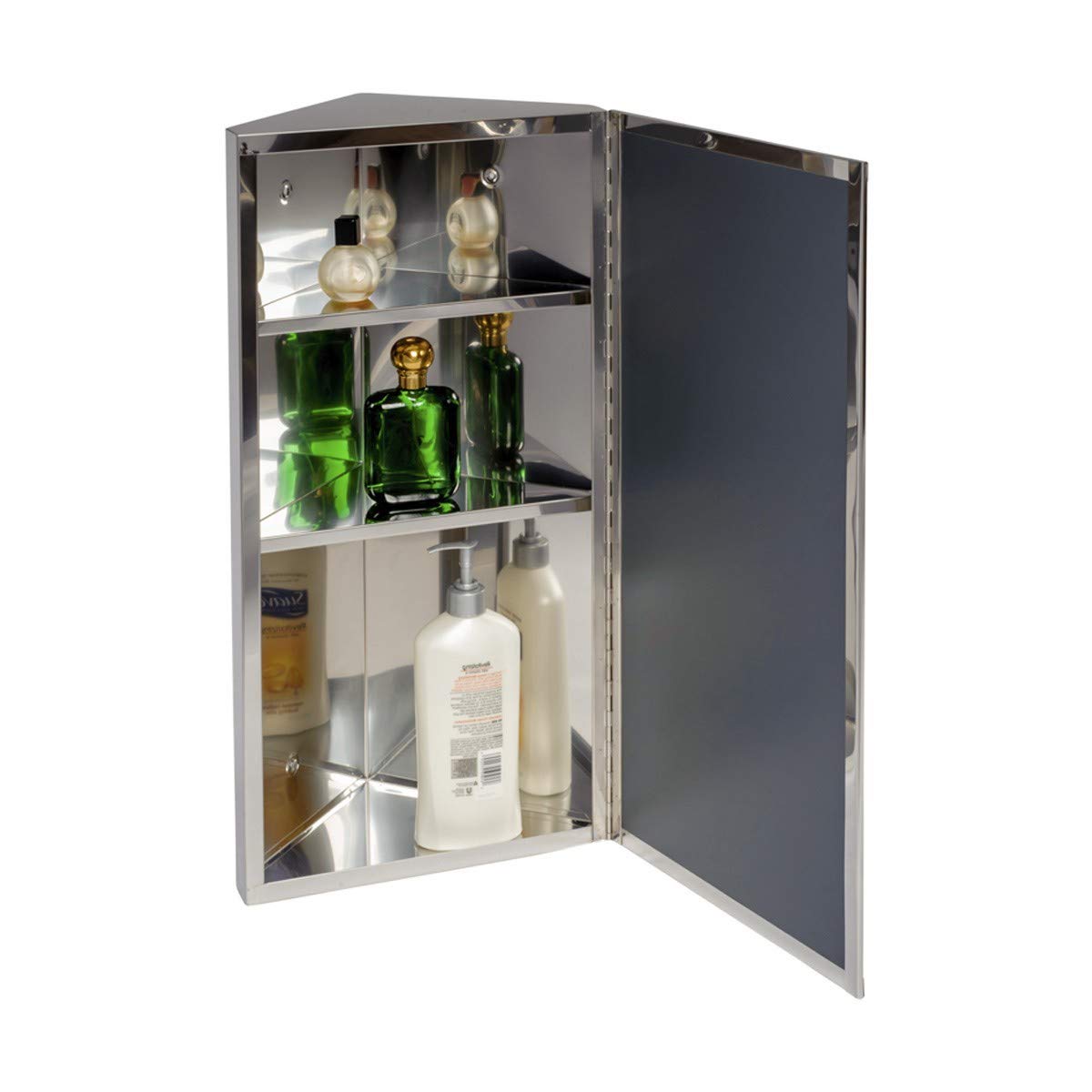 Renovators Supply Infinity Corner Medicine Cabinet with Mirror - Triple Shelf Storage, Modern Wall Mount Bathroom Cabinet - 23.6 Inch, Left Open, Polished Stainless Steel - Perfect for Small Bathrooms, Powder Rooms & Vanity Storage (Pack of 1)
