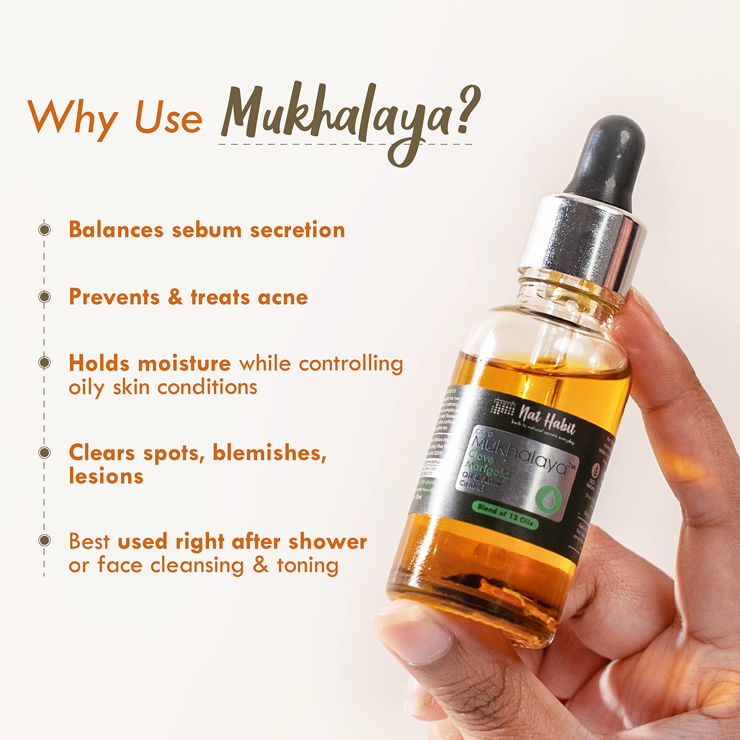 Nat Habit Clove Marigold Face Oil for Acne-Prone Skin - 100% Natural Cold Pressed Oil Blend with 13 Botanicals to Control Breakouts & Balance Sebum - 15ml Mukhalaya Oil for Women - Perfect for Daily Skincare Routine & Overnight Treatment