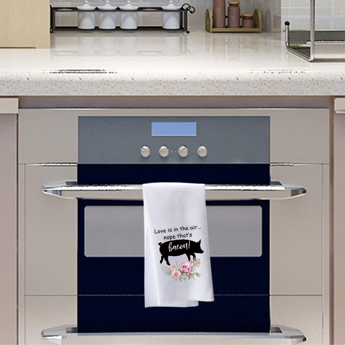 PWHAOO Funny Bacon Kitchen Towel - Pig Farm Theme with 'Love is in The Air' Design - Absorbent Cotton Dish Towel for Cooking, Baking & Farmhouse Decor