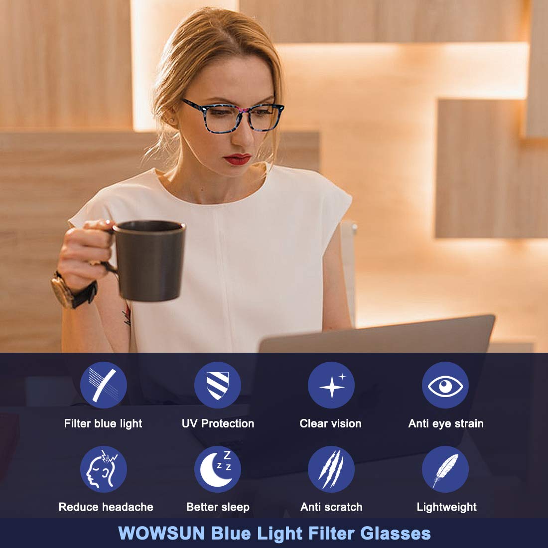 WOWSUN Blue Light Blocking Glasses for Men & Women, Non-Prescription Clear Lens Computer Glasses - Reduce Eye Strain for Gaming, Office Work & Screen Time