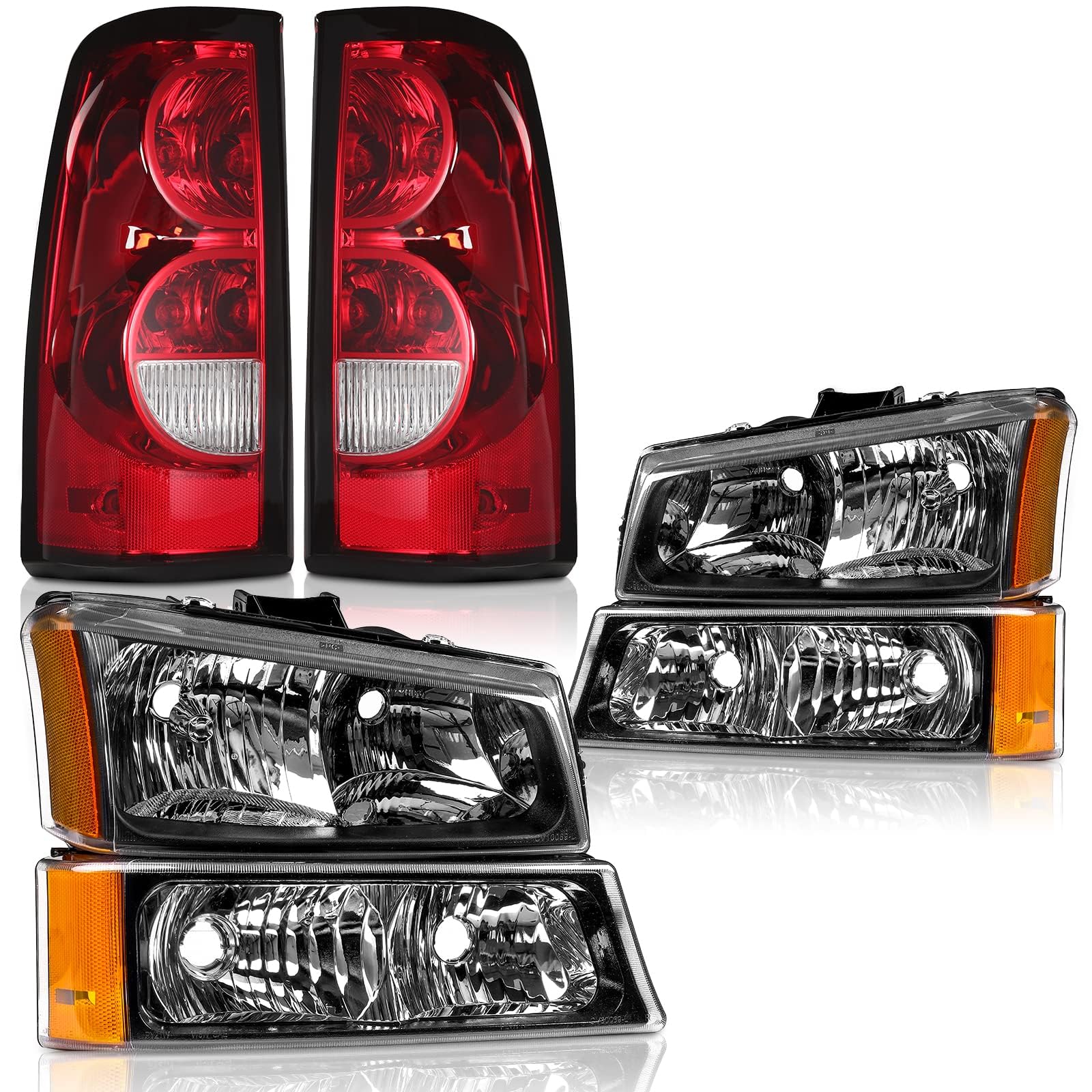 2003-2006 Chevy Silverado 1500 2500 3500 & 07 Silverado Classic Headlights and Tail Lights Combo - Black Housing with Amber Corner - Replacement Headlight & Rear Brake Lamp Assembly - Perfect for Off-Roading, Night Driving & Vehicle Restoration