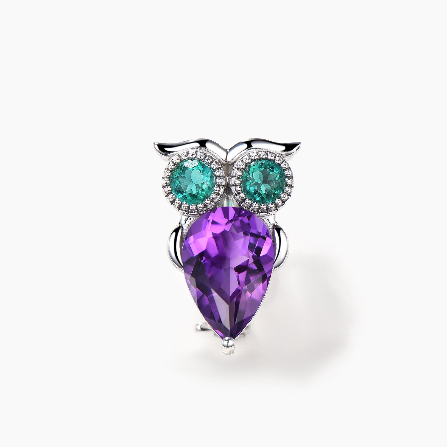 Natural Amethyst Teardrop Cut Round Emerald Owl Brooch in White Gold - Elegant Jewelry Gift for Women, Perfect for Weddings & Special Occasions