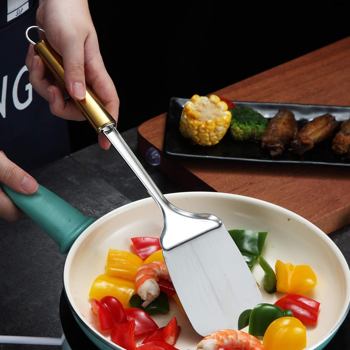Premium Stainless Steel Spatula with Gold Handle - Titanium Plated Solid Turner for Cooking, Flipping, BBQ & Fish - Durable Kitchen Utensil for Grilling, Frying & Baking (Gold Handle)