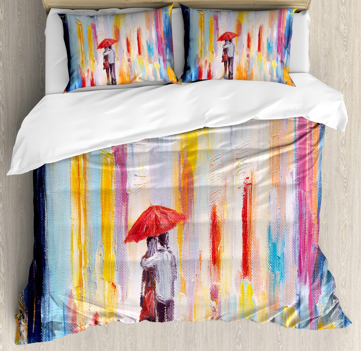Ambesonne Urban Duvet Cover Set - Romantic Rainy Street Scene with Couple Silhouette | 3-Piece Bedding Set with 2 Pillow Shams | California King Size | Multicolor Design | Perfect for Modern Bedrooms, Guest Rooms & Cozy Apartment Decor