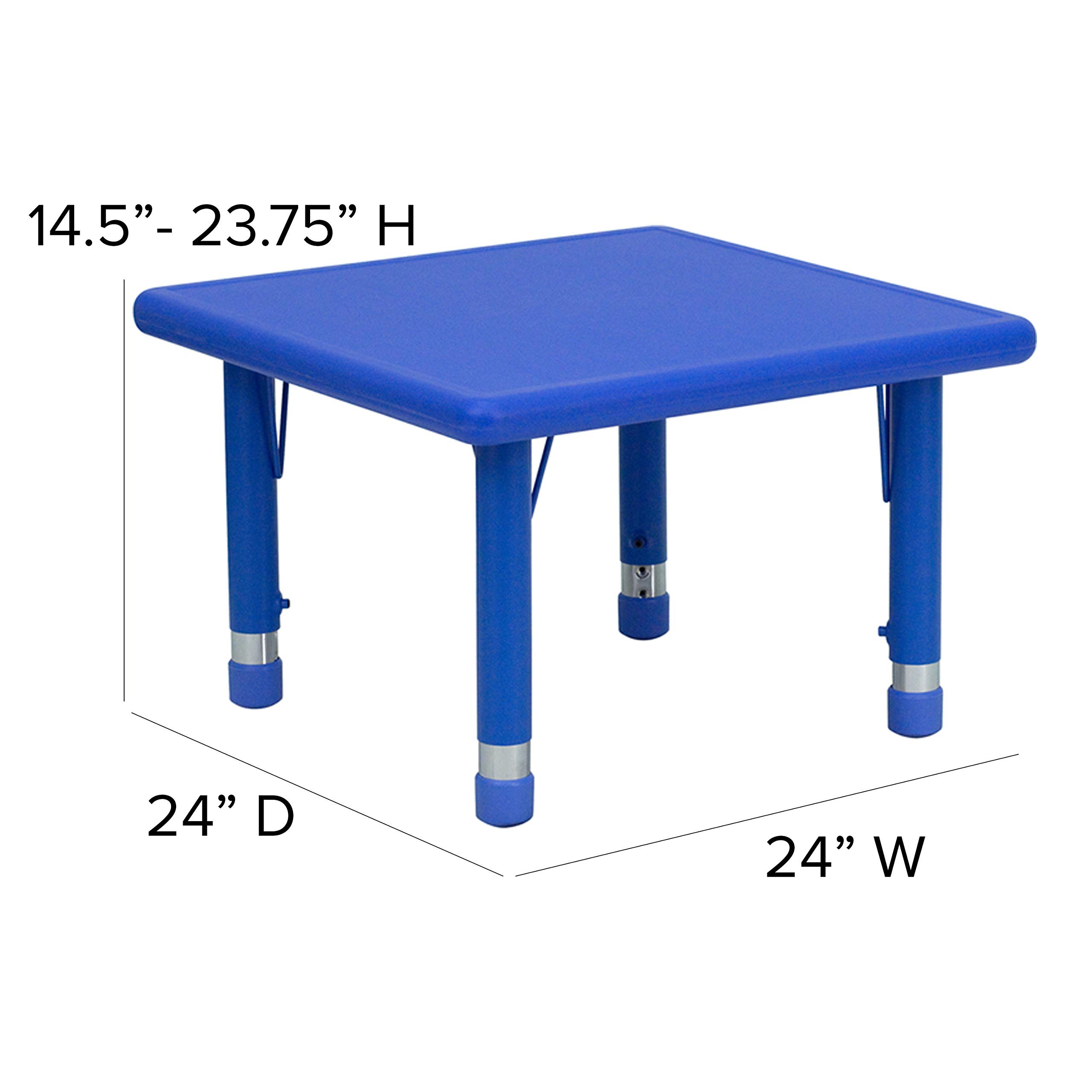 EMMA & OLIVER 24-Inch Square Blue Plastic Kids Activity Table - Adjustable Height for Toddlers & Preschoolers - Perfect for Playrooms, Daycares & Homeschooling Activities