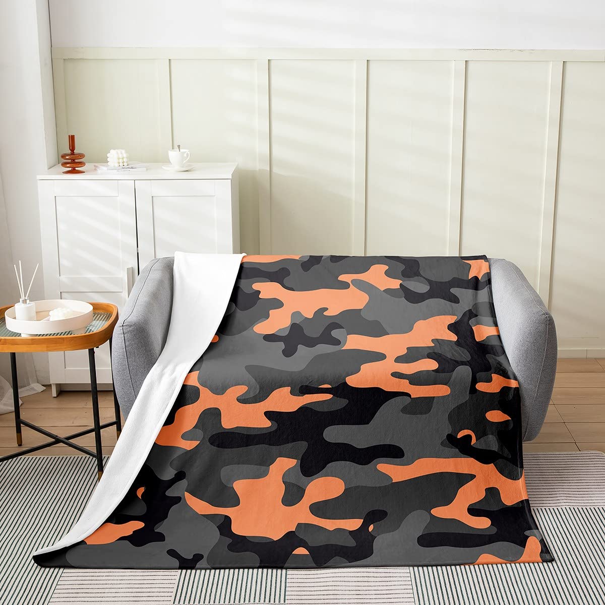 Army Camouflage All-Season Fleece Throw Blanket for Kids & Adults - Soft Flannel Fuzzy Plush Blanket in Camo Orange Black Grey - 90x90 Inch Queen Size Microfiber Blanket for Bedroom Decor, Camping, Dorm Room & Cozy Home Use