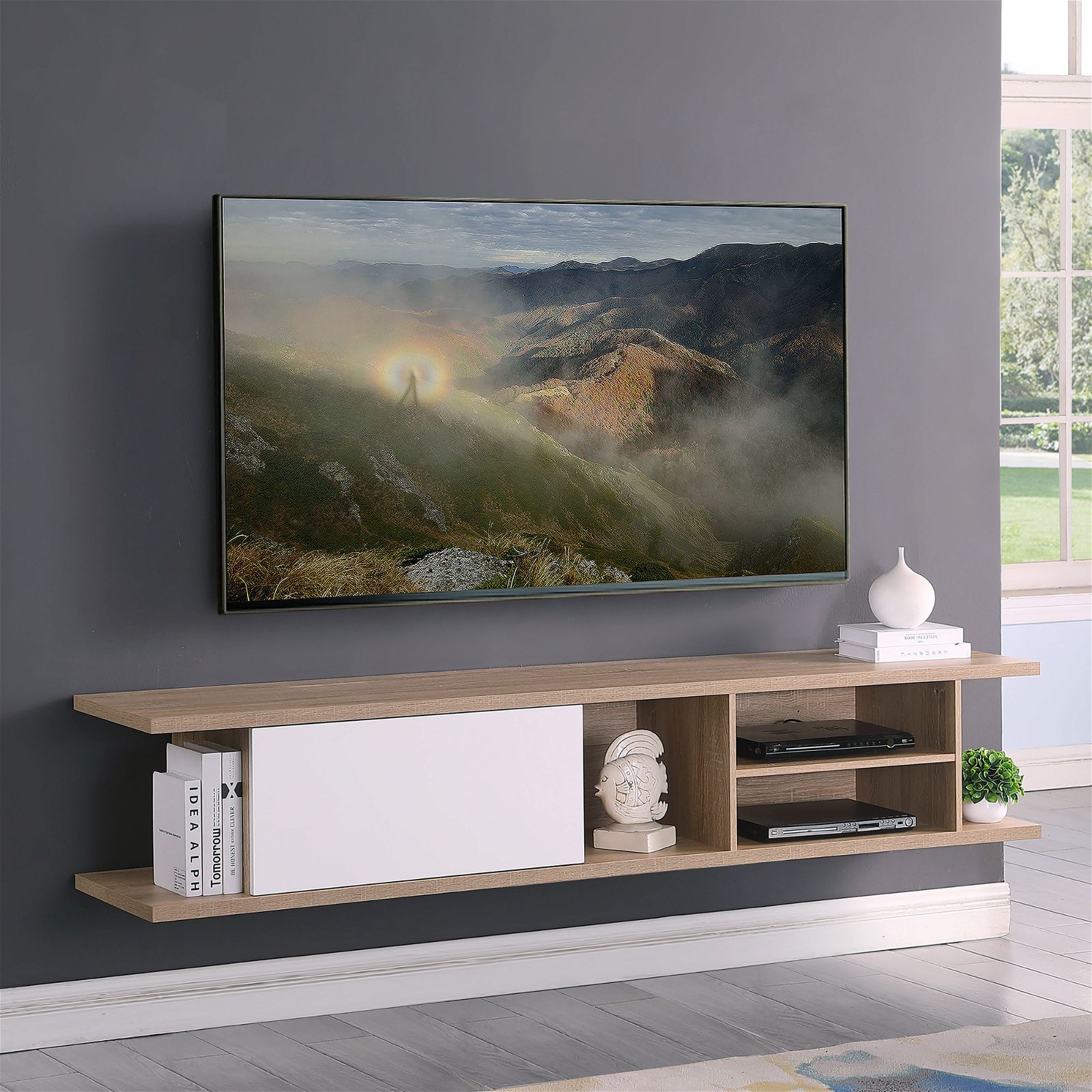 Auldrin 200cm Floating TV Stand with Wall Mount - Modern Oak Entertainment Center for Living Room - Perfect for Home Theater Setup & Space Saving Design