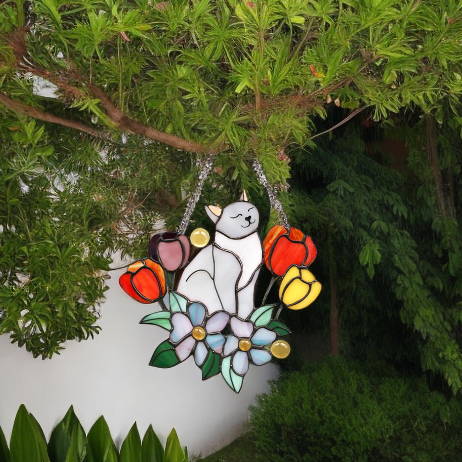 Handmade Cat Suncatchers Decor - Stained Glass Window Hangings with Floral Designs for Cat Lovers | Perfect for Home, Office, Patio & Gift Giving - Creates Beautiful Rainbow Reflections in Sunlight
