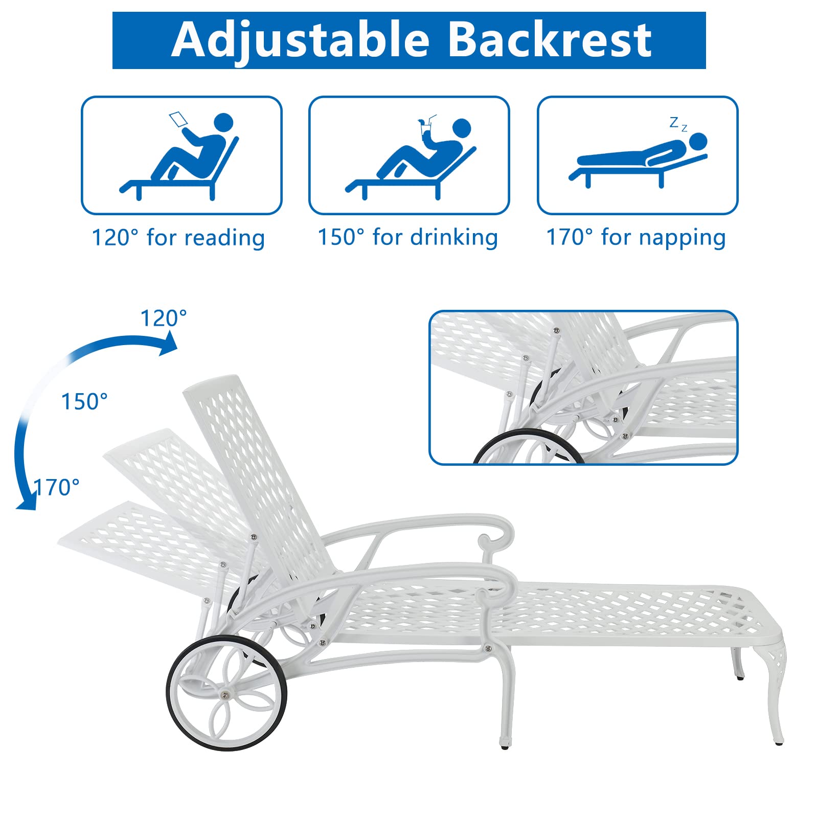 VINGLI White Cast Aluminum Outdoor Chaise Lounge Chair with Wheels - 3-Position Adjustable Backrest, Patio Tanning Chair for Poolside, Beach & Backyard Relaxation (Cushion Not Included)