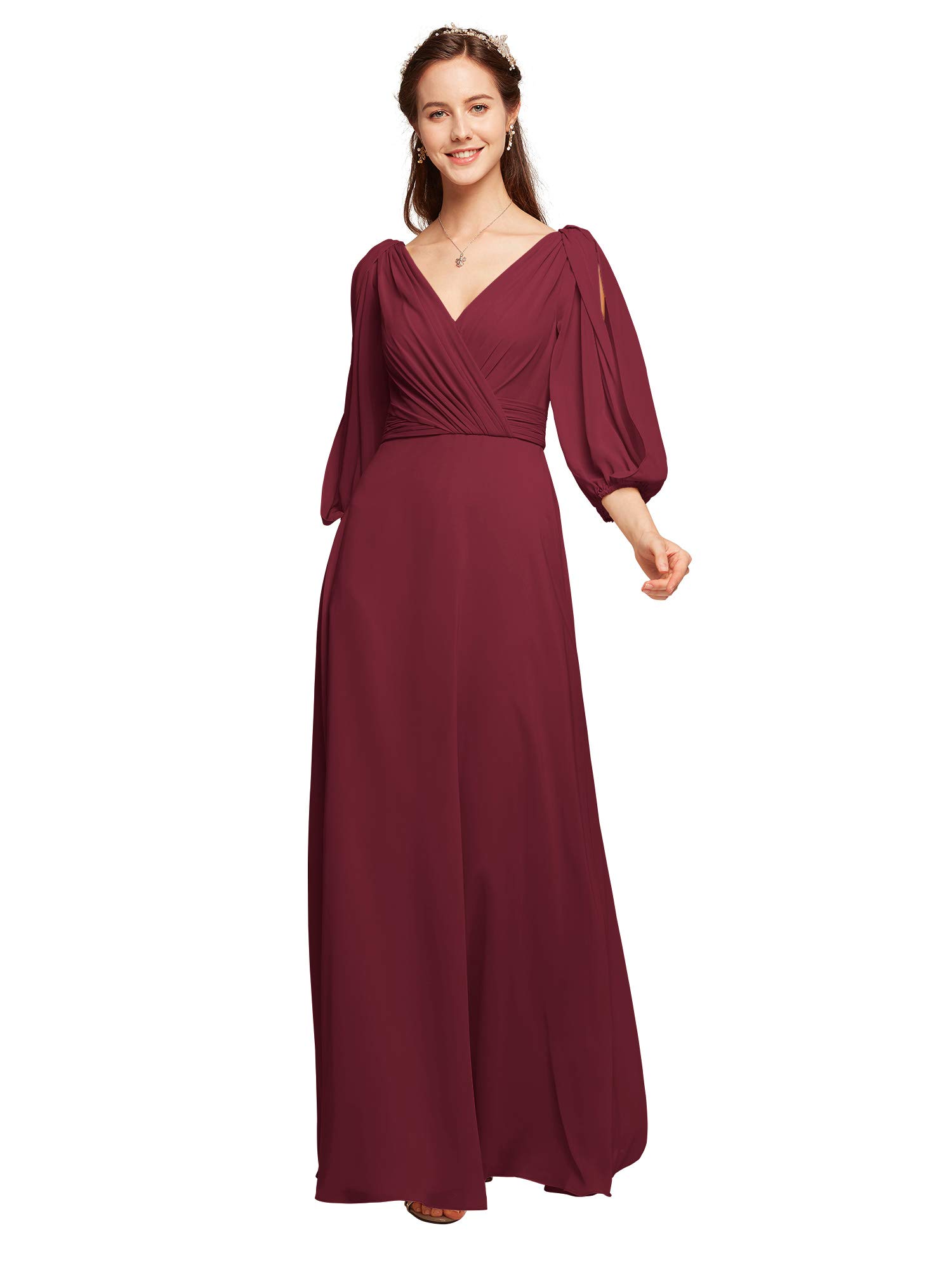 Elegant V-Neck Chiffon Bridesmaid Dress with Long Sleeves - Women's Formal Evening Gown for Weddings, Parties & Special Occasions