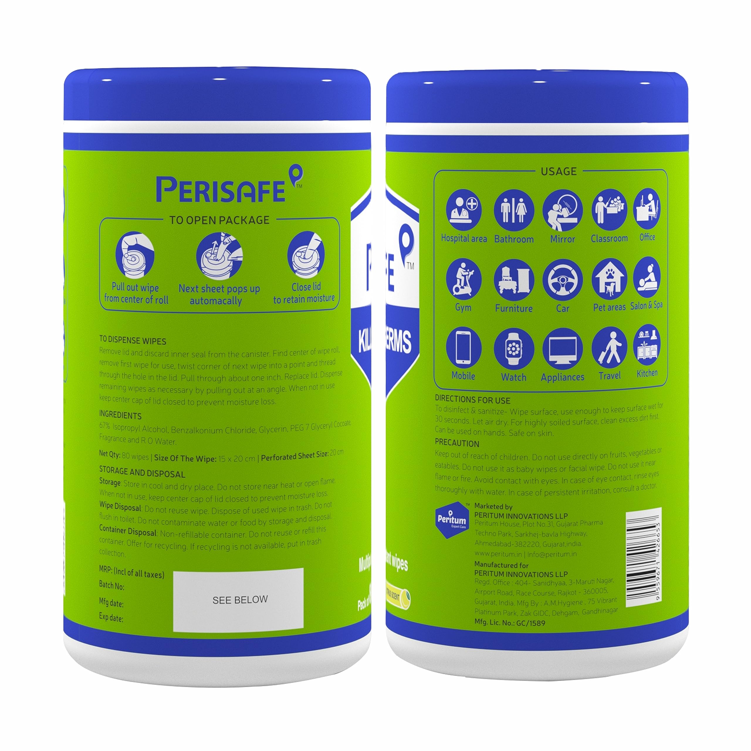 PERISAFE Antibacterial Disinfecting Wipes for Home & Office - Kills 99.9% Germs on Hard & Soft Surfaces - 80 Count Pack (Great for Kitchen, Bathroom, Baby Items & Electronics Cleaning)