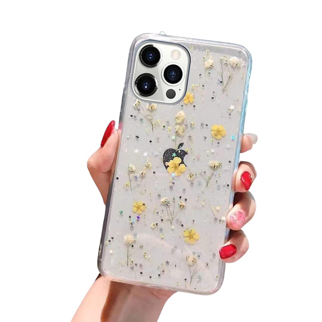 YTanazing Real Pressed Flower iPhone 13 Pro Max Case - Clear Floral TPU Cover with Glitter for Women & Girls (Yellow Flowers) | Perfect Gift for Nature Lovers & Fashion Accessories