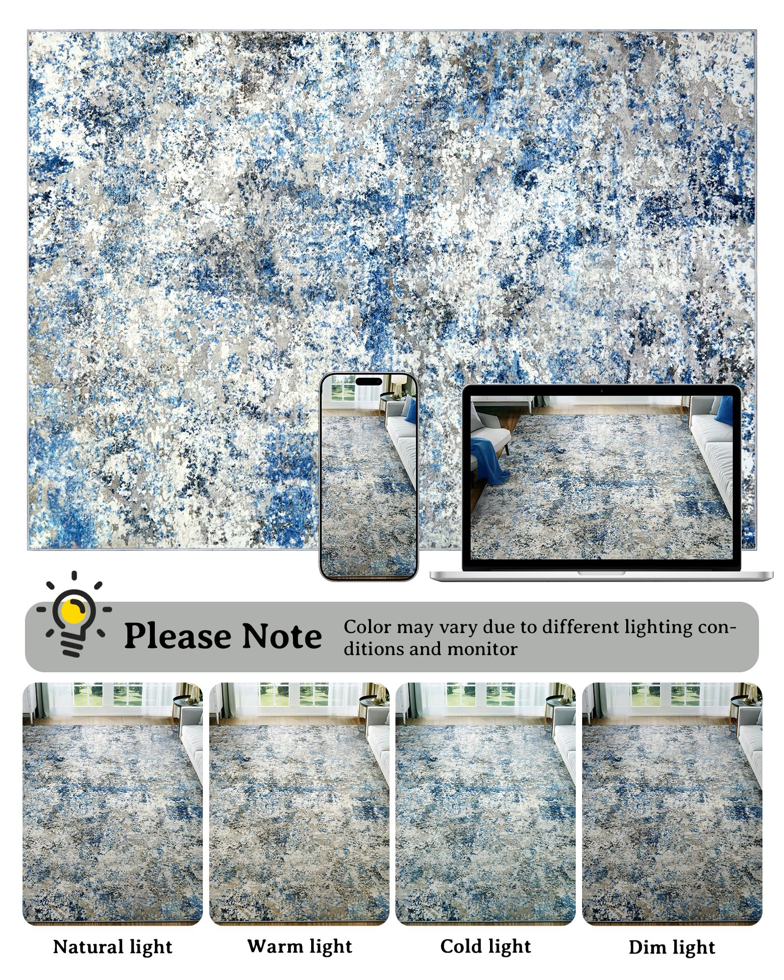 Washable 8x10 Modern Abstract Area Rug - Soft Neutral Non-Slip Low Pile Carpet for Living Room, Bedroom, Dining Room, Nursery & Home Office in Grey/Blue | Perfect for High-Traffic Areas & Cozy Home Decor