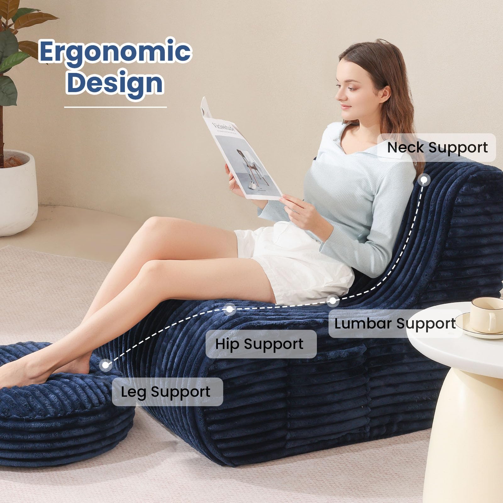 Big Bean Bag Chair with Ottoman - Soft Foam Filled Lazy Sofa for Adults with Back Support, High-Resilient Comfort for Living Room, Bedroom & Apartment (Navy Blue) - Perfect for Relaxing, Gaming & Movie Nights