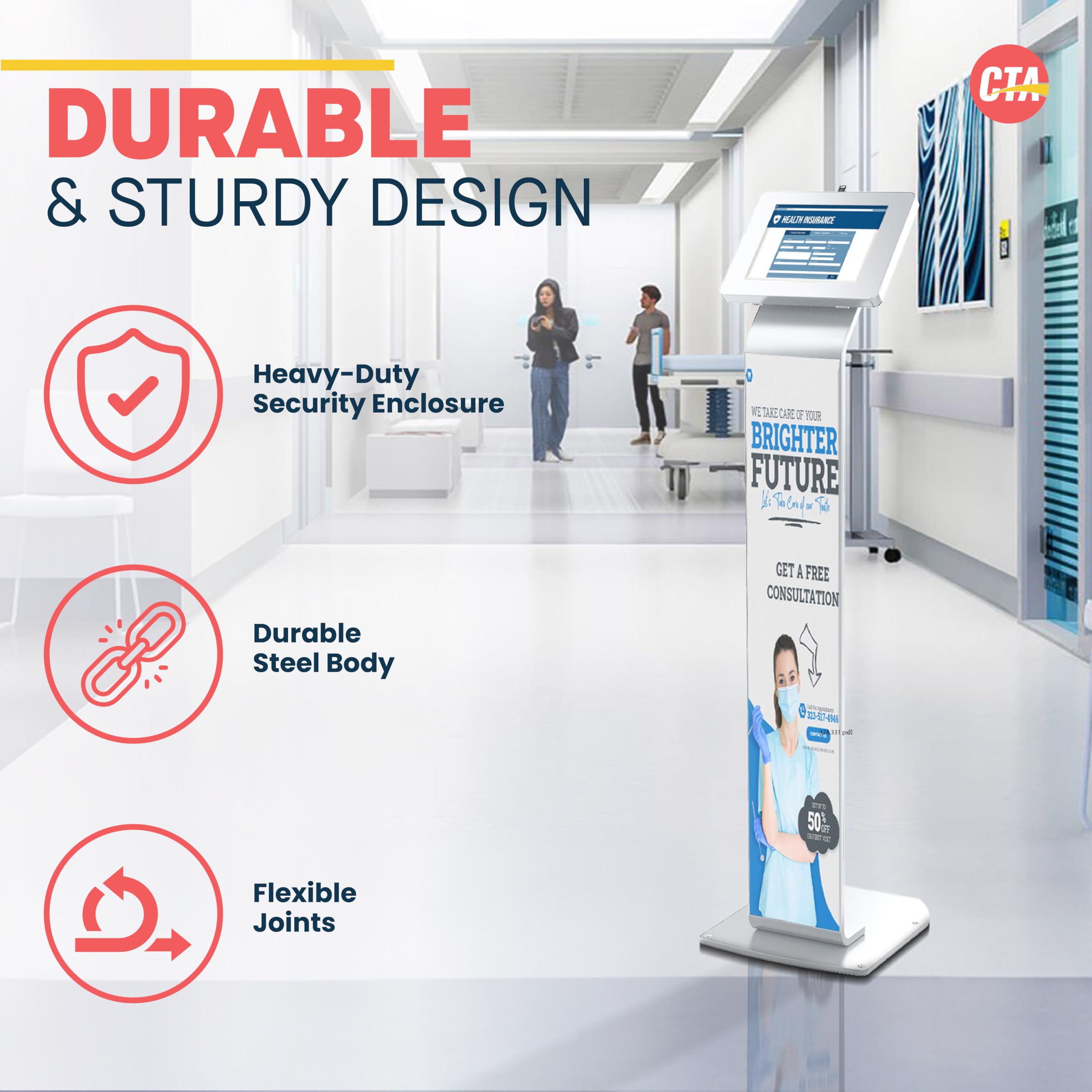 Premium Kiosk Floor Stand with CTA Locking Base - Universal Tablet Holder for iPad 11 (A16), iPad Pro 11-inch M4, iPad Air 11-inch M3, iPad 10th Gen & Samsung Galaxy Tab - Secure White Display Stand for Retail, Exhibitions & Interactive Kiosks (PAD-PARAFW)