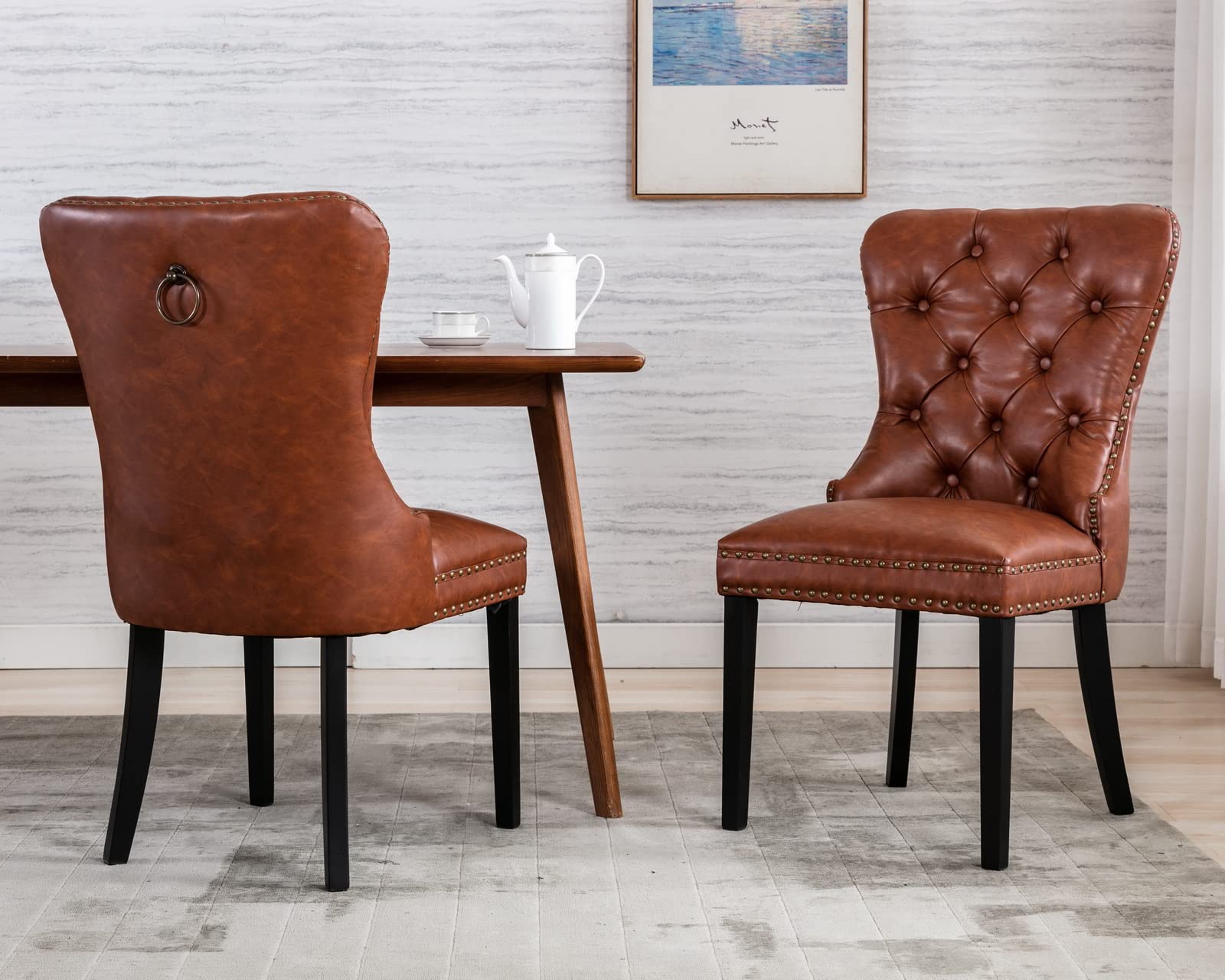 CIMOTA Set of 2 Brown Leather Dining Chairs - Mid Century Modern Tufted Upholstered Kitchen Chairs with Nailhead Trim & Ring Back (PU Leather, 2-Piece Set) - Perfect for Dining Room, Kitchen, Breakfast Nook & Home Office