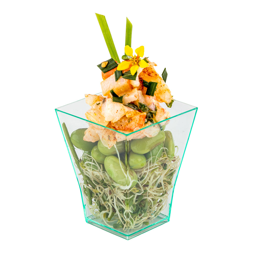 100 Pack 2 oz Square Seagreen Plastic Bonito Cups with 100 Silver Mini Forks - Perfect for Party Appetizers, Sushi Serving, and Small Bite Desserts