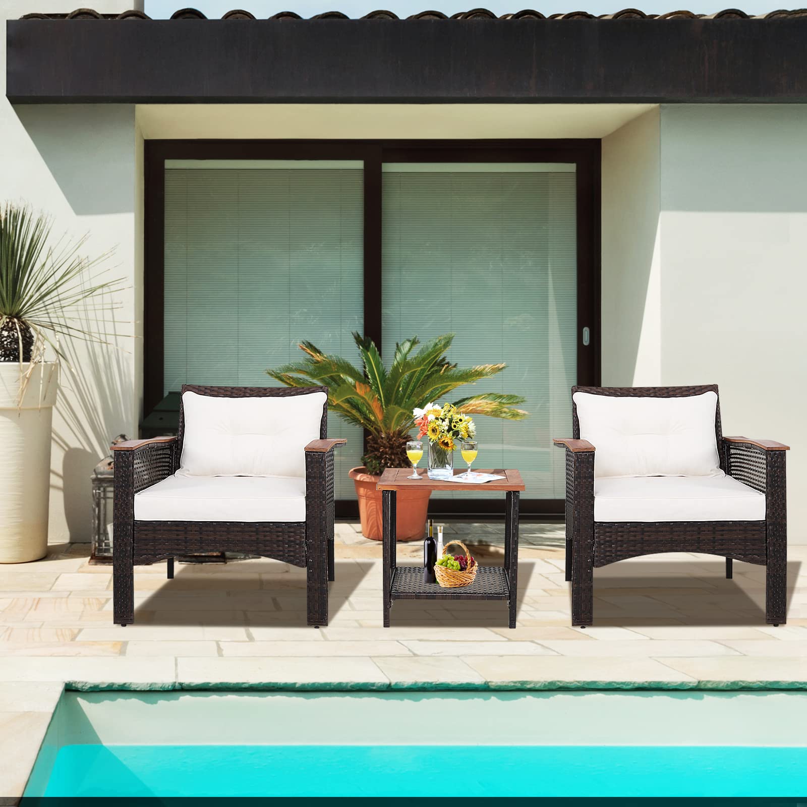 Tangkula 3-Piece Outdoor Rattan Sofa Set with Acacia Wood Table - PE Wicker Patio Furniture Conversation Set Includes Coffee Table, Seat Cushions & Armrests (Off White) - Perfect for Garden, Backyard, Poolside & Patio Relaxation