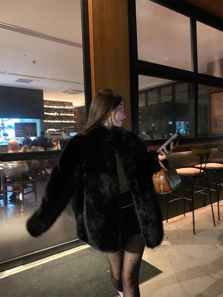 2023 Women's Winter Faux Fox Fur Coat - Soft Thick Warm Shaggy Fluffy Jacket with Stand Collar & Long Sleeves | Perfect for Cold Weather, Outdoor Activities & Fashion Layering