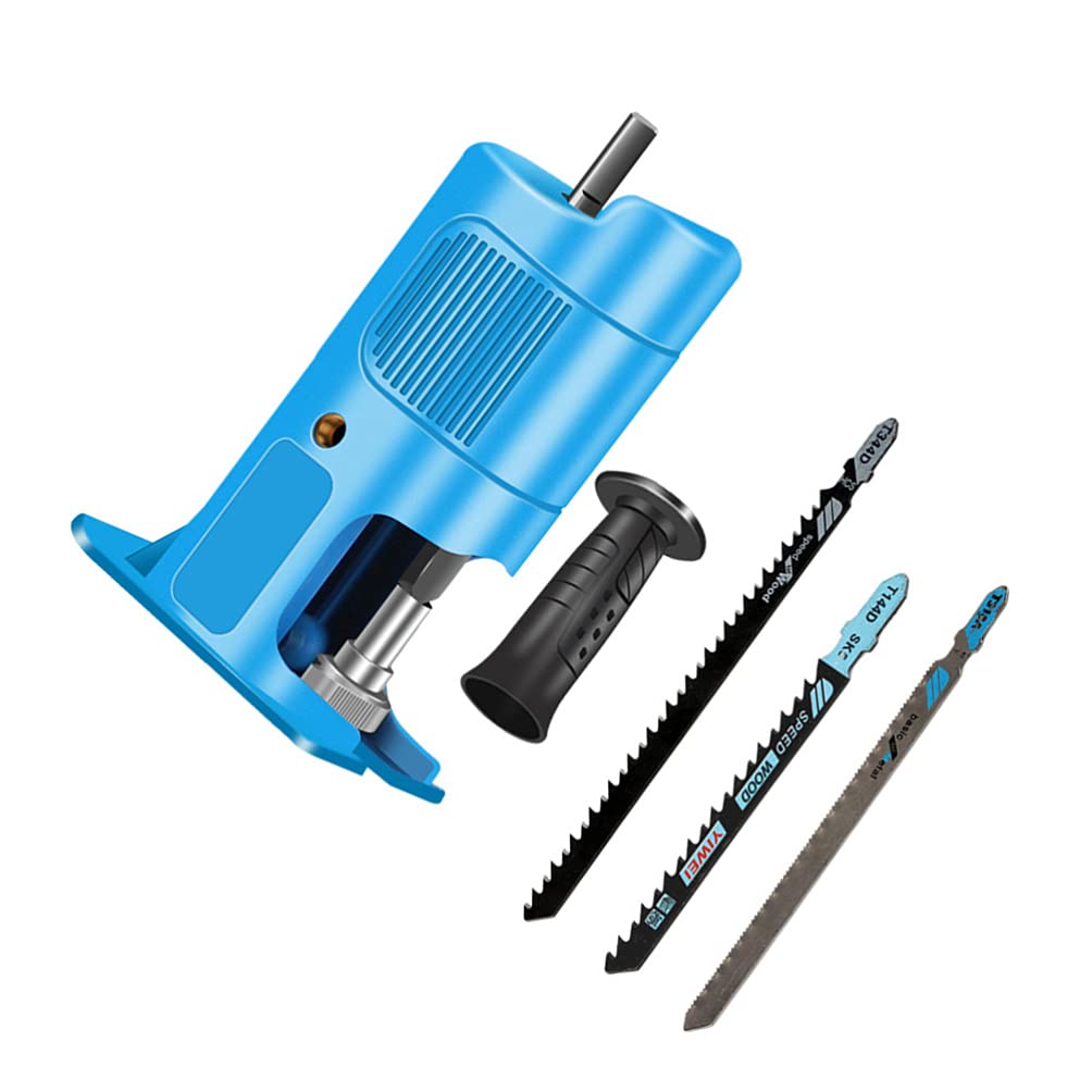 TEHAUX 1 Set Cordless Reciprocating Saw Adapter for Electric Drill - Includes Battery & Charger - Plastic & Iron Construction for Wood Cutting (Blue) - Perfect for DIY Home Projects, Woodworking, and Construction Tasks