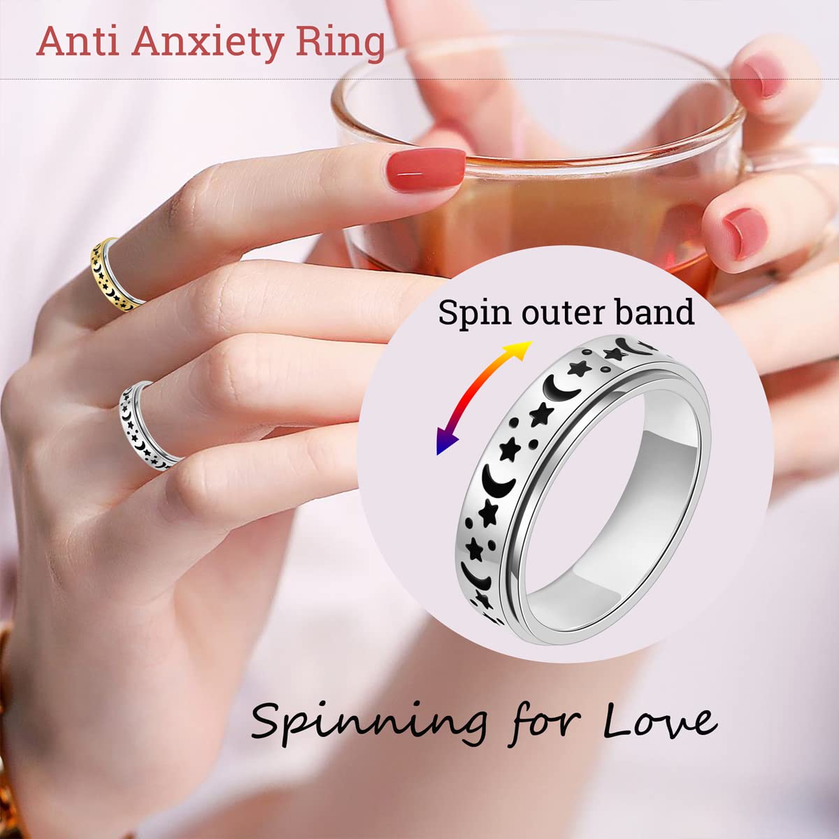 Stress Relief Fidget Spinner Ring for Adults - Anxiety Relief Toys for Women & Men, Spinner Sensory Ring for ADHD, OCD, Autism - Perfect for Office, Travel & Daily Anxiety Management