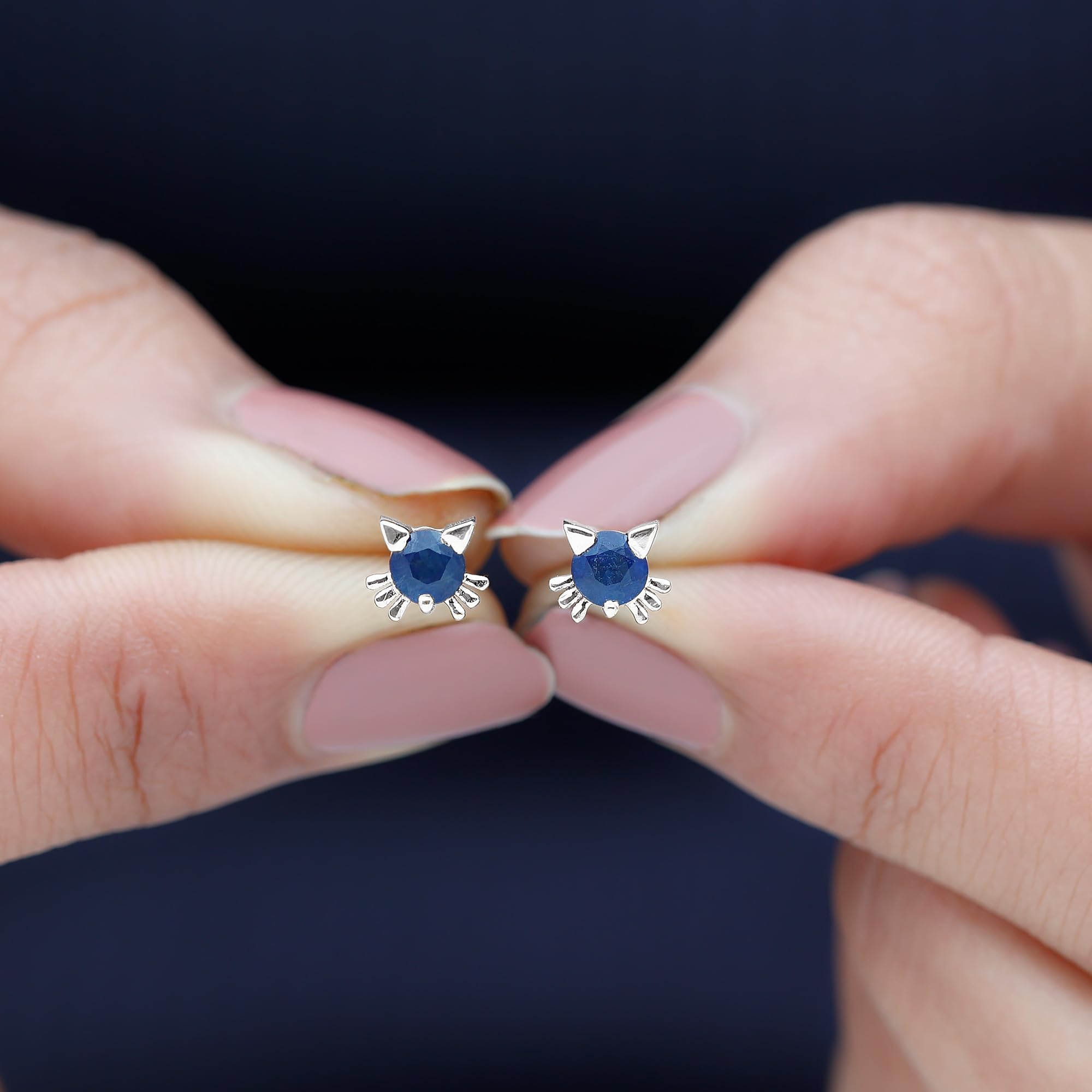 Natural Blue Sapphire Cat Stud Earrings - AAA Quality Gemstone Kitty Earrings with Secure Screw Back - Perfect Gift for Women & Girls - Elegant Jewelry for Parties, Dating & Everyday Wear
