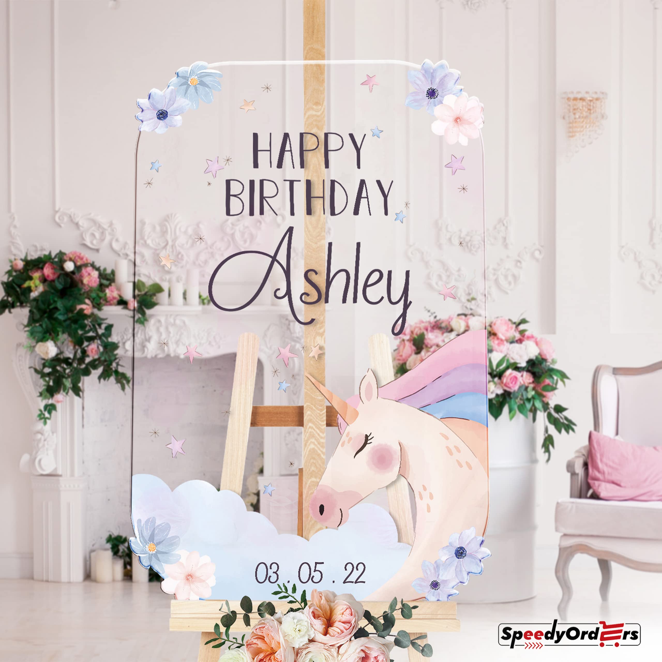 Custom Unicorn Birthday Party Sign - Happy Birthday Welcome Decor for Girls - Unicorn Theme Party Supplies - PVC Board Wall Hanging (Perfect for Baby Showers, Birthday Celebrations & Nursery Decor)