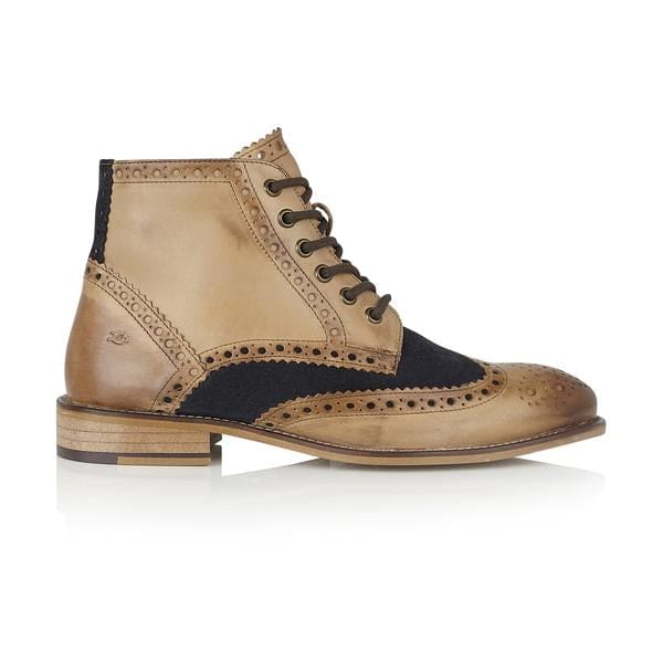 London Brogue Gatsby Tan/Navy Men's Dress Boots - Classic Oxford Style Formal Shoes for Business, Office & Wedding Occasions