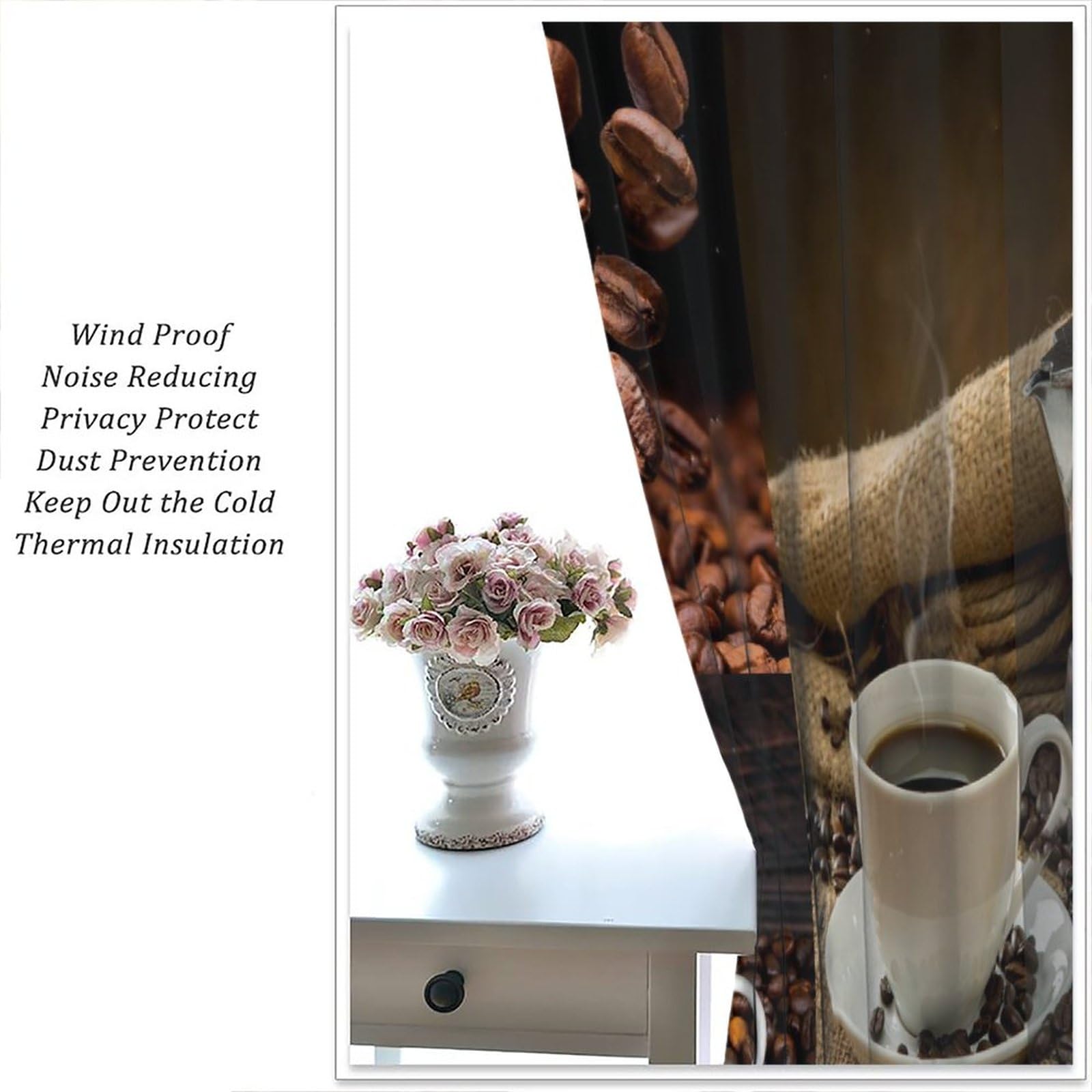 Coffee Kitchen Curtains 42x45in, Coffee Beans Design on Wooden Grunge Background, 2 Panel Window Drapes for Kitchen and Cafe Decor, Perfect for Home and Commercial Use