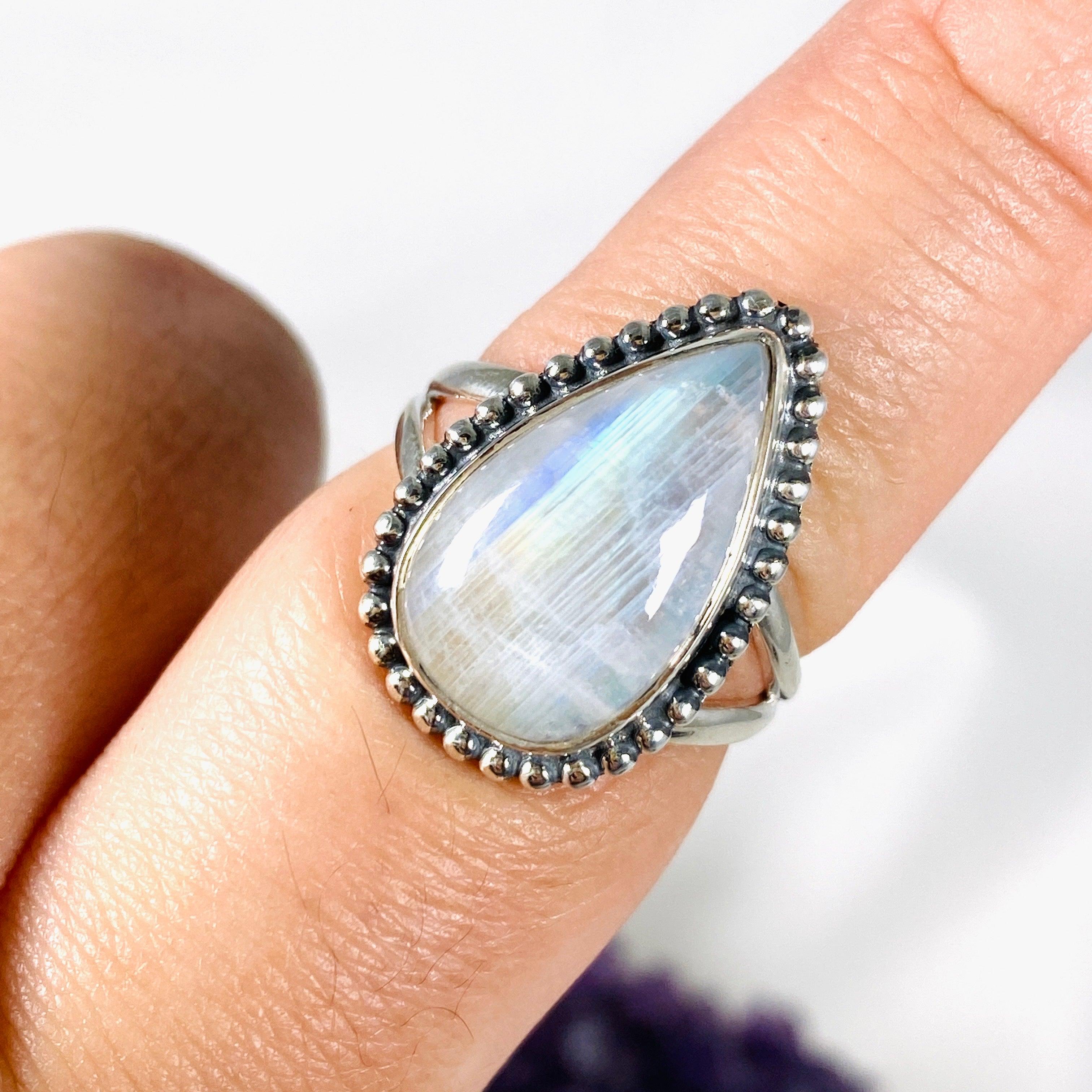 Moonstone Teardrop Ring with Sterling Silver Detailing - Elegant Dainty Jewelry for Women, Perfect for Weddings, Anniversaries & Everyday Wear | KRGJ3019