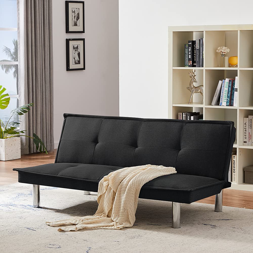 Convertible Fabric Sofa Bed - Foldable Futon Sleeper for Living Room & Guest Room, Space-Saving Black Couch with Storage (Perfect for Small Apartments & Home Offices)